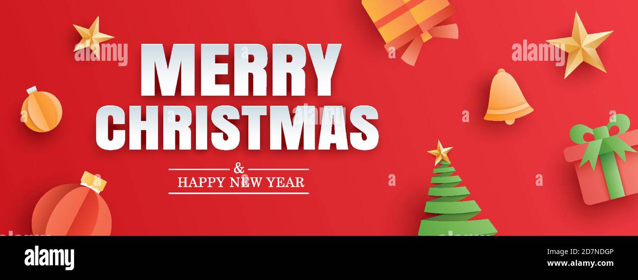 Frohe weihnachten und glückliches neues Jahr rote Grußkarte in Papierkunst Banner-Vorlage. Verwenden Sie für Header-Website, Cover, Flyer. Stock Vektor