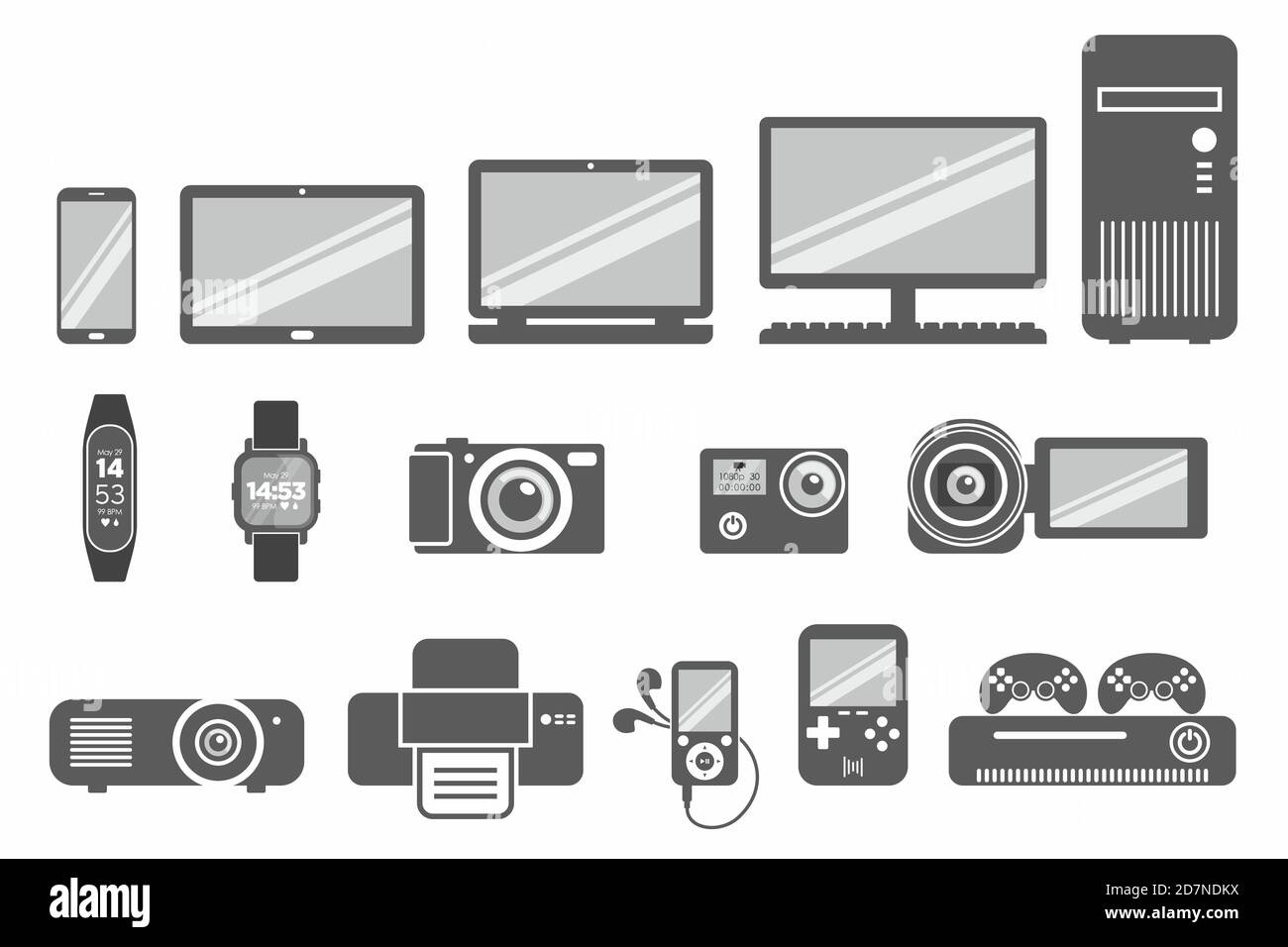 Technologieprodukte Flat Icon Visual Pack. Moderne Illustration in Grautönen. Stock Vektor