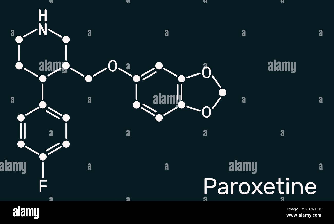 Paroxetin, Antidepressivum, selektiver Serotonin-Wiederaufnahmehemmer SSRI, Molekül. Es wird in der Therapie von Depressionen, Angststörungen verwendet. Skeleta Stockfoto