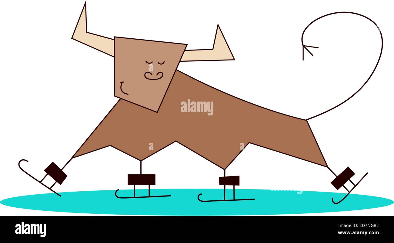 Frohes neues Jahr 2021. Das Jahr des Ochsen. Lustige niedliche kawaii Stier, Kuh. Wintersport. Aktivitäten im Freien. Schlittschuhlaufen. Vektorgrafik im Cartoon-Stil Stock Vektor