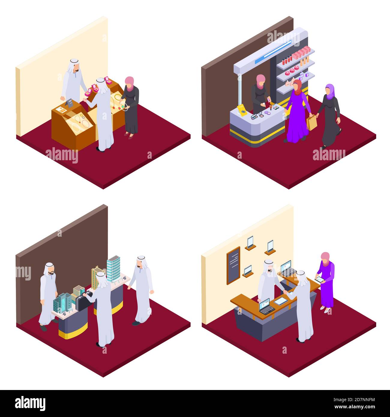 Arab 3d Menschen, isometrische araber Shopping Vektor Konzepte. Illustration der arabischen kaufen Schmuck und Kosmetik Stock Vektor