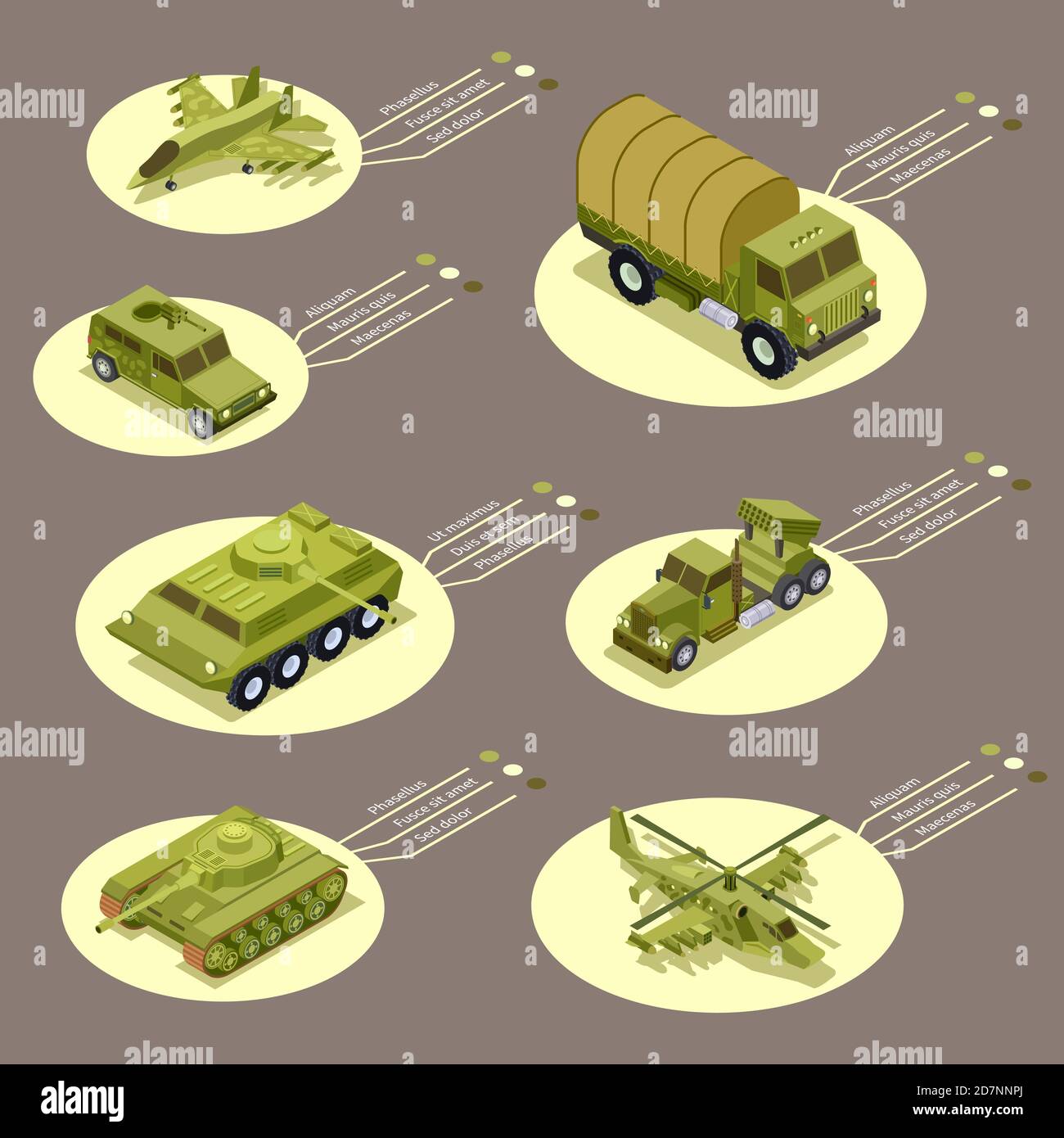 Isometrische Rüstung Waffe der Infografik Vektor Illustration. Waffen Militär, Armee Tank, gepanzert und Verteidigung Transport Stock Vektor