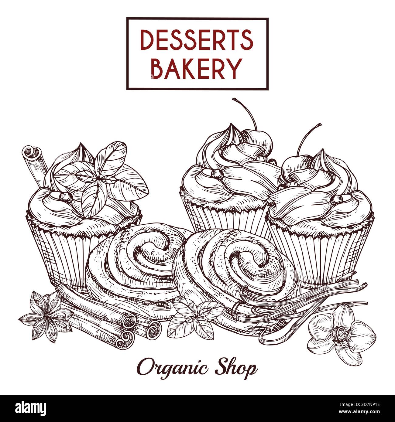 Skizze von Brötchen und Kuchen und Gewürze, Desserts Bäckerei Vektor Hintergrund. Illustration von Lebensmitteln lecker, Süßwaren gezeichnet Stock Vektor