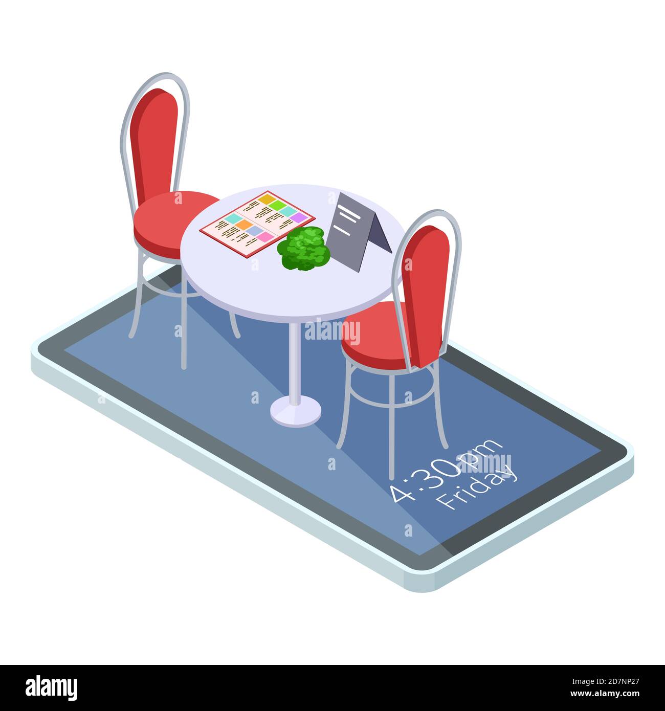 Online reservierter Tisch im Café oder Restaurant mit mobiler App isometrisches Konzept. Abbildung des isometrischen Restauranttisches auf dem Smartphone-Bildschirm Stock Vektor