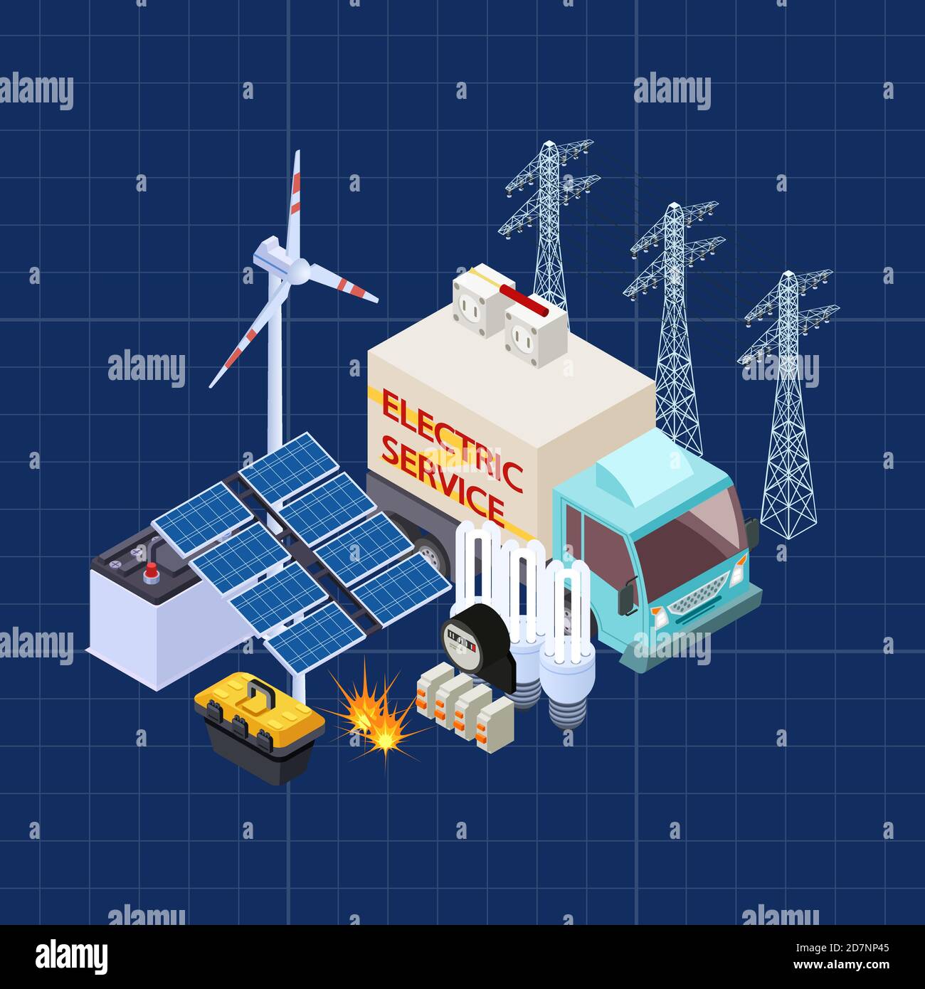 Elektrische Service-Vektor isometrische Zusammensetzung mit Energie-Sicherheits-Elemente. Illustration von Energie, elektrische Dienstleistung 3d Stock Vektor