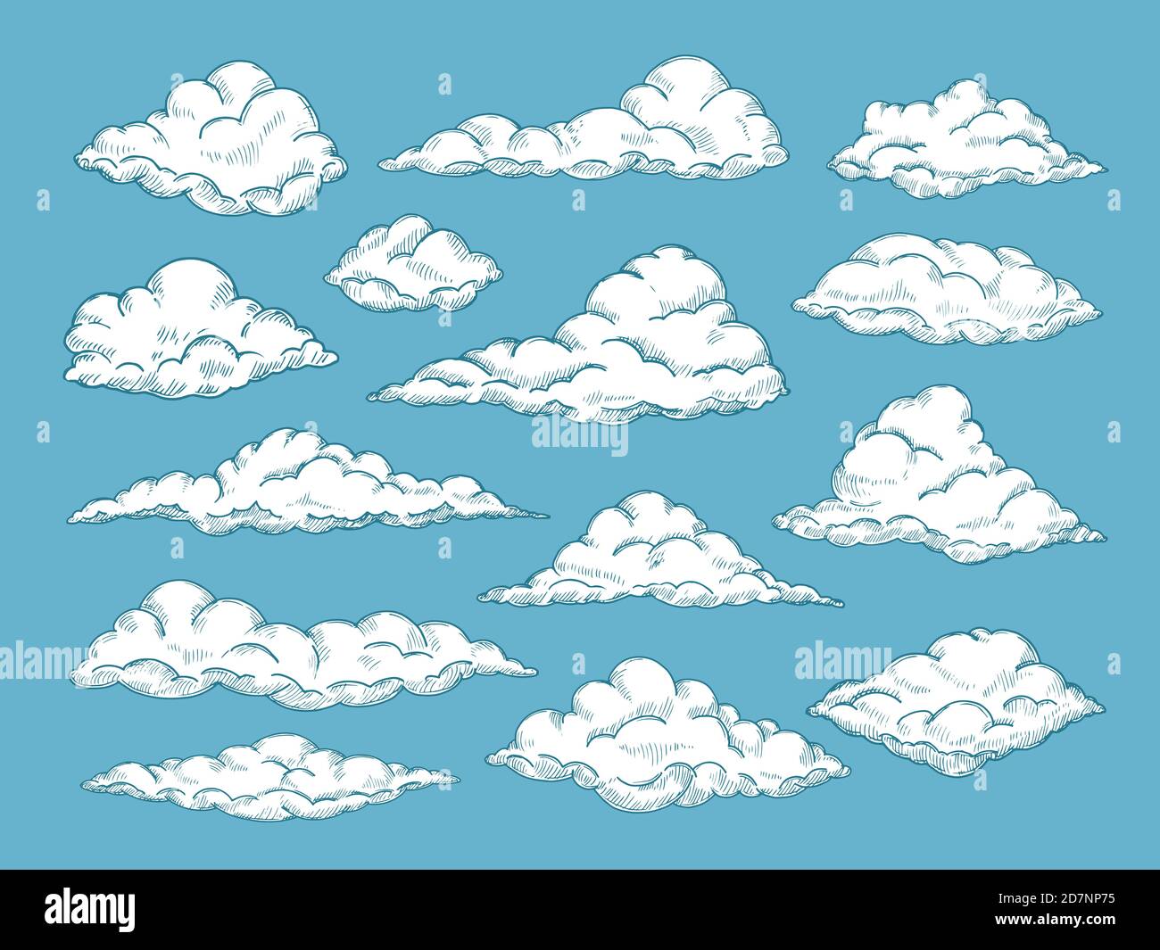 Von Hand gezeichnete Wolken. Bleistift Skizze Himmel Wolkenlandschaft. Skizzieren Wolke vintage Vektor graviert Hintergrund. Wolkenlandschaft Zeichnung, Atmosphäre Doodle skizzenhafte Wolken Illustration Stock Vektor