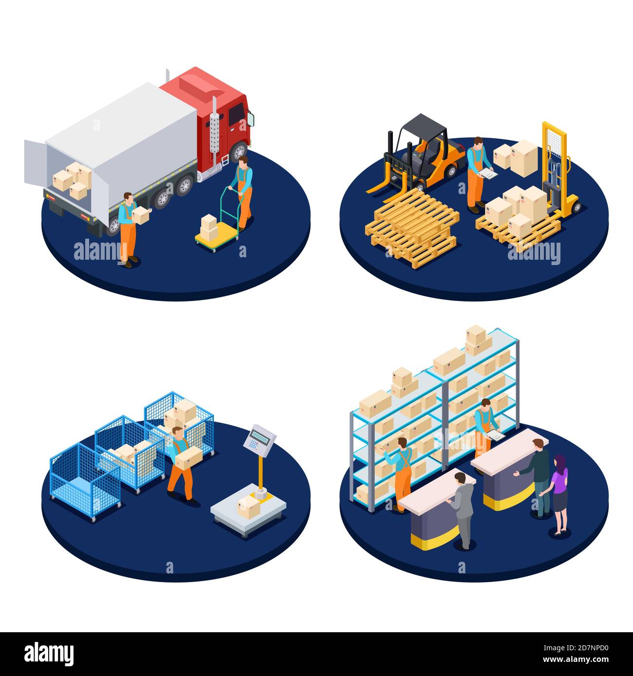 Isometrisch. Logistik, Distributionslager, Paketzustellung isometrische Vektorkonzepte. Abbildung des Lieferservice Stock Vektor