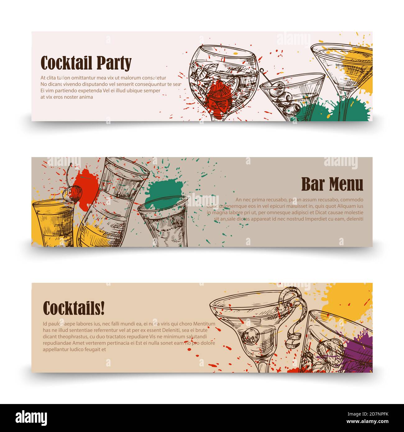 Art Cocktail Party Banner mit Spritzern - Menü Banner Vektor-Vorlagen. Bar Drink Poster, Cocktail Party Banner mit farbigen Splash Illustration Stock Vektor