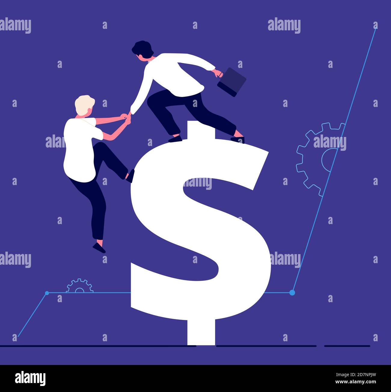 Geschäftsleute steigen auf Dollar. Investitionsunterstützung, Produktivitätswachstum und erfolgreiches Team Business Vector Konzept. Geschäftsmann klettern zu Dollar, Business Klettern Illustration Stock Vektor