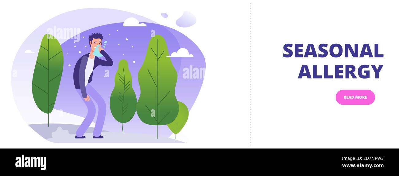 Vorlage für saisonales Allergiebanner. Mann mit Jahreszeit Allergie simptoms in blühenden Wald Vektor-Illustration mit weißem Hintergrund Stock Vektor