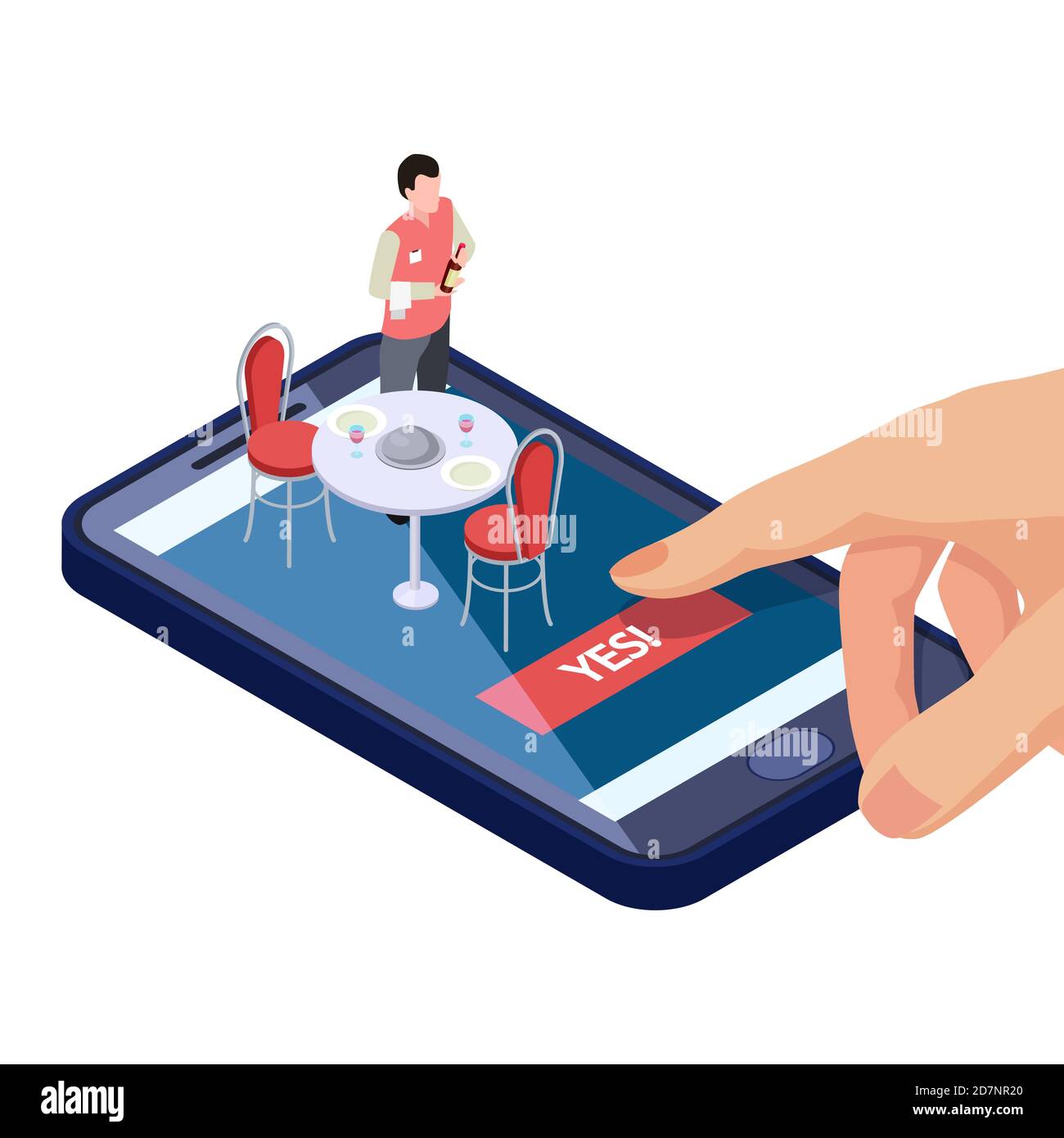 Online-Tisch im Restaurant oder Café Reservierung mit mobilen App isometrisches Konzept. Café Reservierung Tabelle, App isometrische Restaurant Illustration Stock Vektor