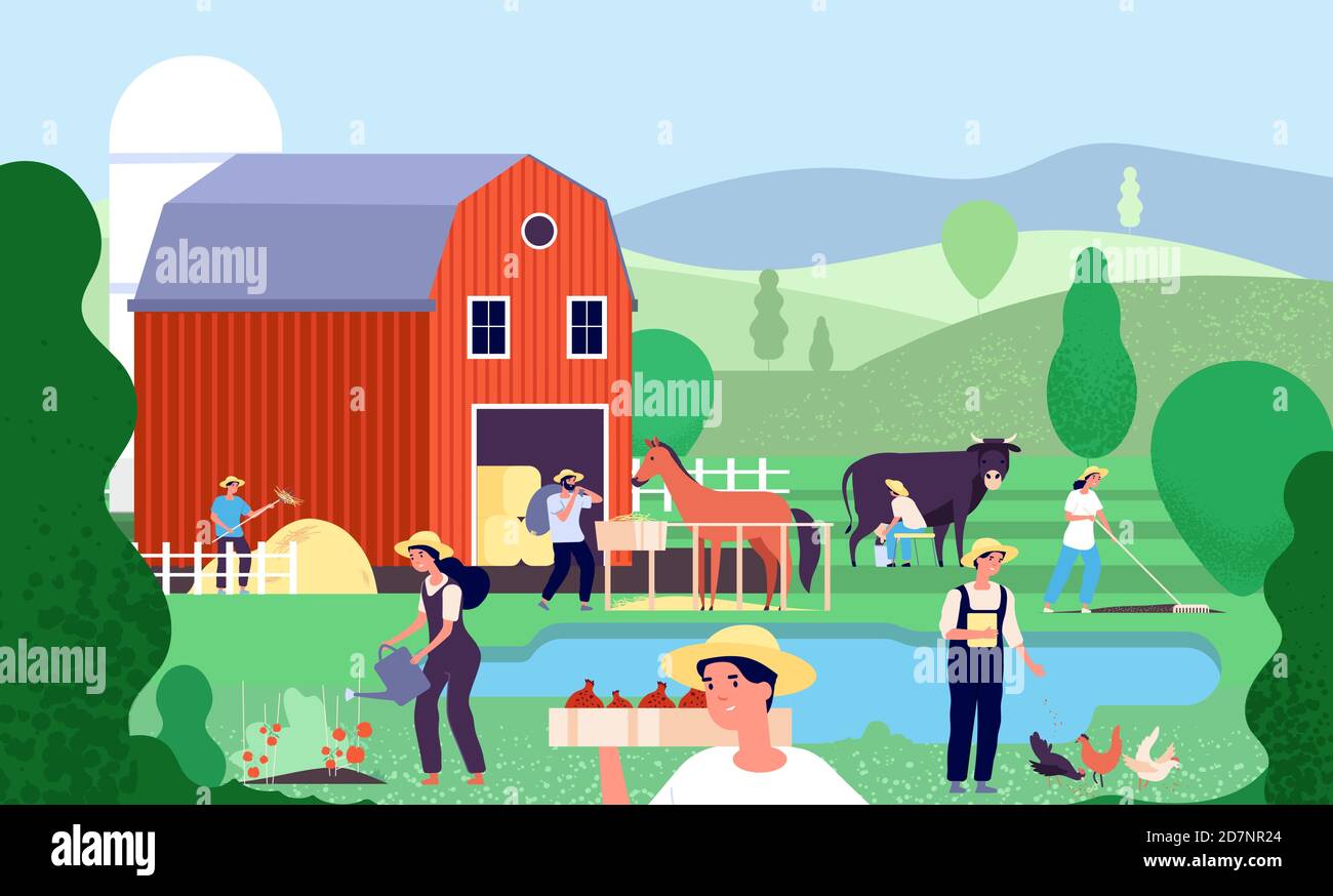 Cartoon Bauernhof mit Bauern. Landwirtschaftliche Arbeiter arbeiten mit Nutztieren und Ausrüstung in ländlichen Szene Landwirtschaft Vektor Illustration Landschaft mit Teich und Scheune Stock Vektor