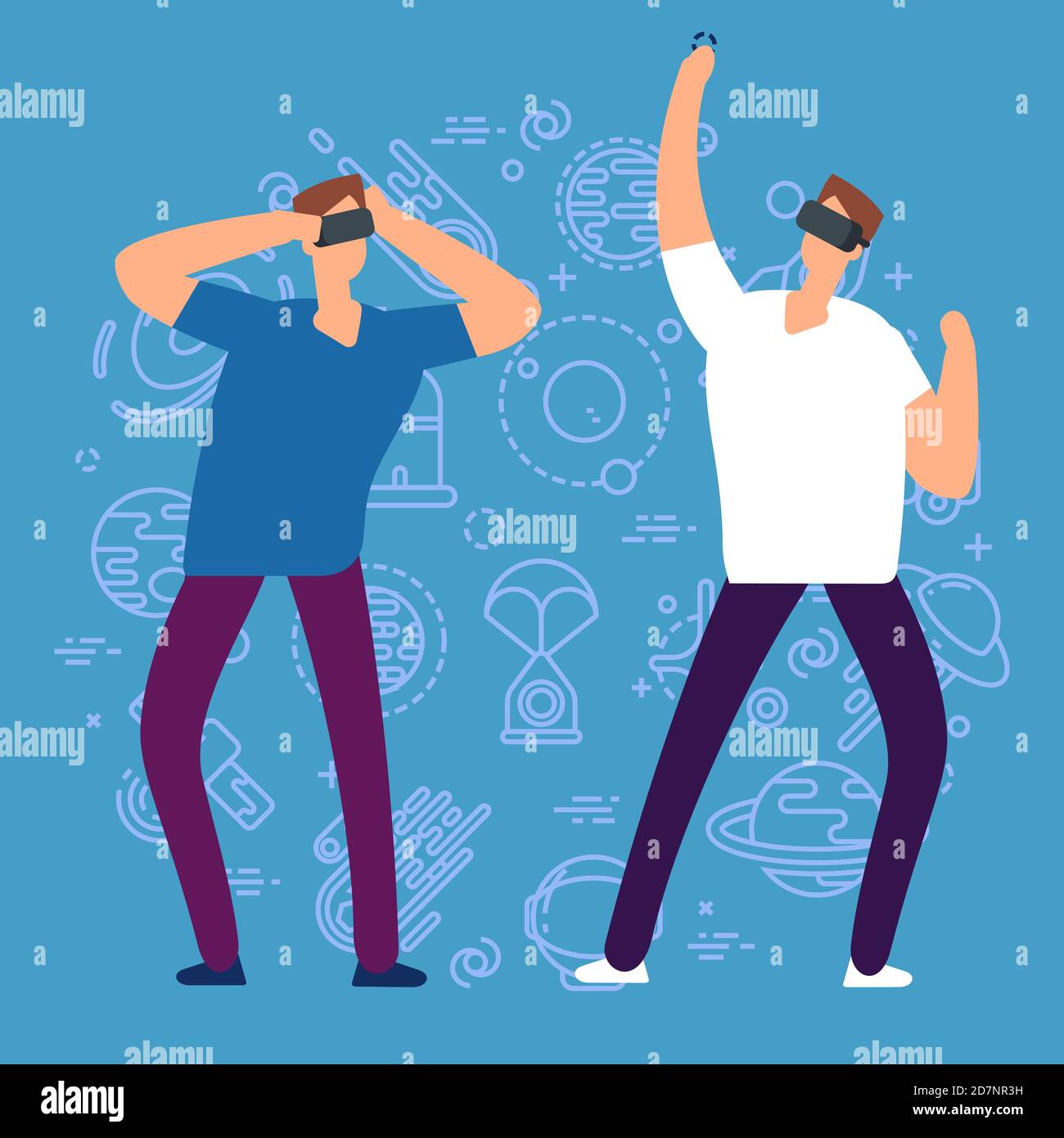 Cartoon Charakter Männer mit Virtual Reality Brille Vektor Illustration. Reality Brille, Spiel und Headset futuristisch Stock Vektor