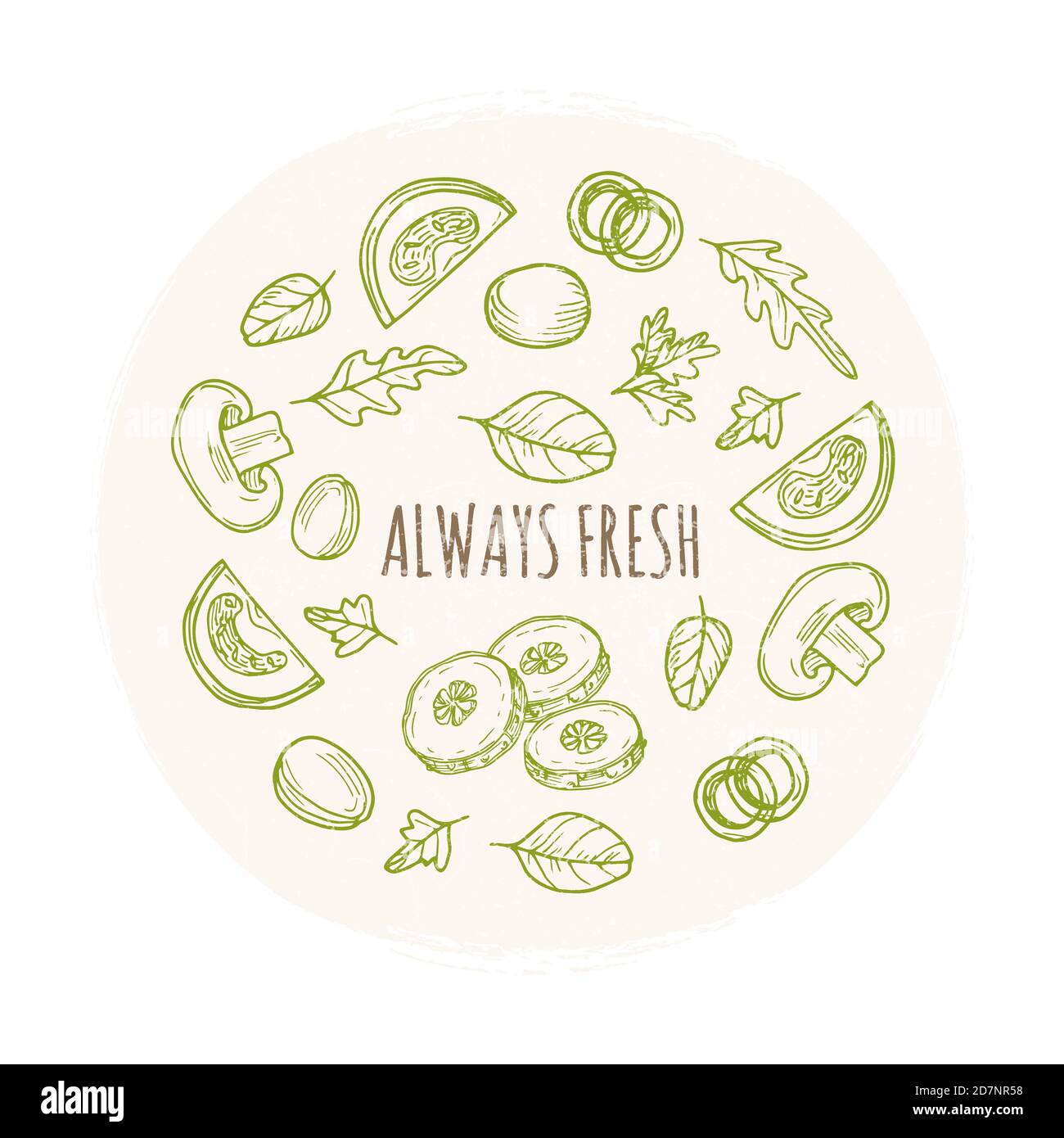 Immer frisches Grunge Bannerdesign mit handgezeichneter Gemüse. Frische Lebensmittel Skizze, Gemüse organische Illustration Stock Vektor Immer frisches Grunge Bannerdesign mit handgezeichneter Gemüse. Frische Lebensmittel Skizze, Gemüse organische Illustration Stock Vektor