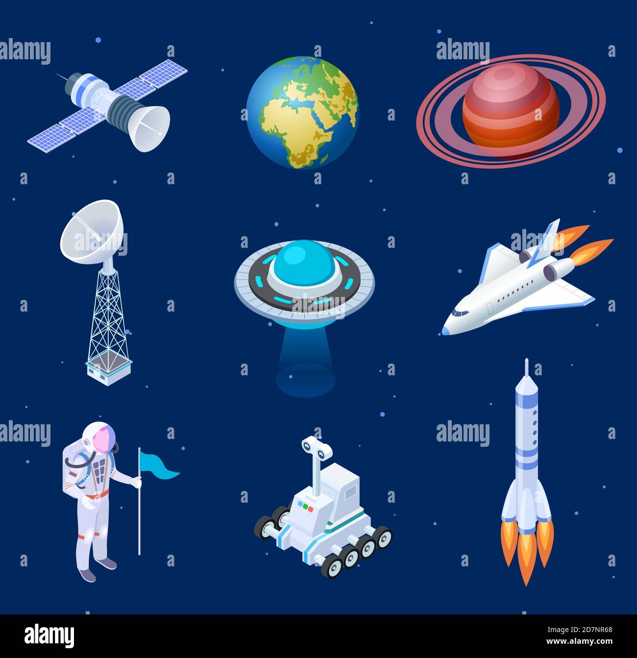 Isometrische Raumschiffe. Weltraum-Satelliten-Raketenteleskop Globus Raumfahrer Astronaut. Raketenschiff 3D isolierte Vektor-Set. Abbildung von Raketensatellit und Raumschiff im Universum Stock Vektor