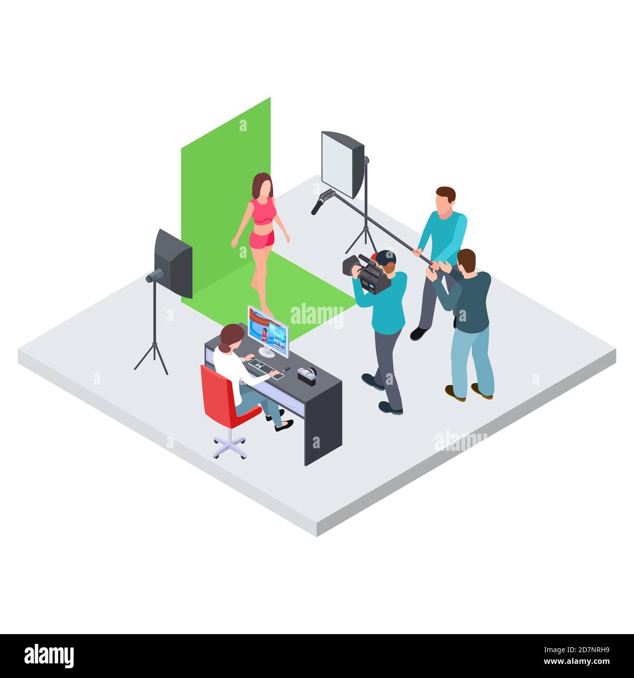 Isometrisches Filmerstellung oder Blogging-Vektor-Konzept. Weibliches Model auf Chromakey, Videofilmerin, Regisseurin beim Filmmachen. Kameraausrüstung und Videofilmer professionell machen Vlog Film Illustration Stock Vektor