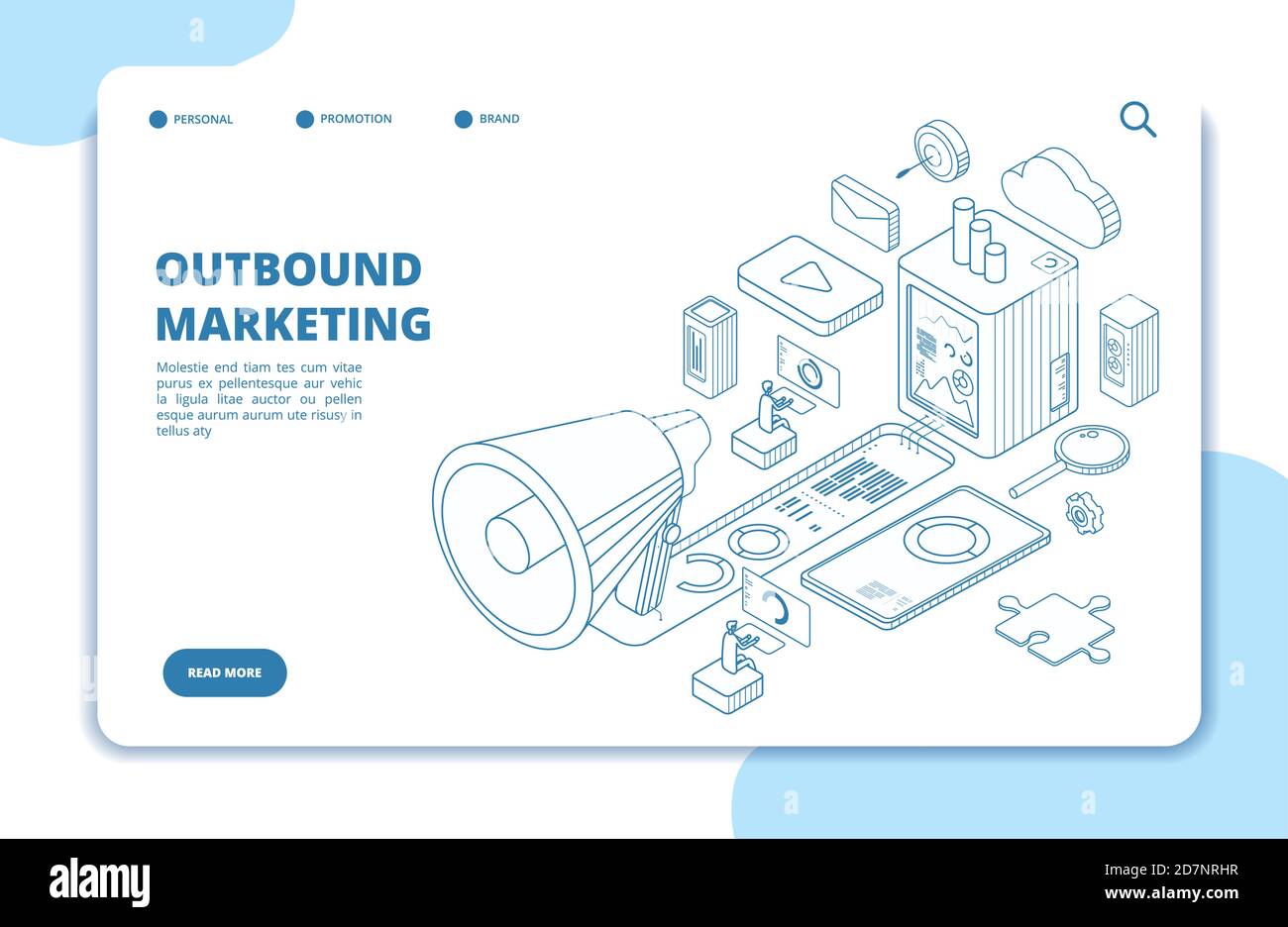 Outbound-Marketing für Kunden. Digitale Medien online Erlaubnis Markt, Social Media crm und Unterbrechung Vektor isometrische Landing Page. Digitale Medien Werbe, Inhalt Promo Website Illustration Stock Vektor