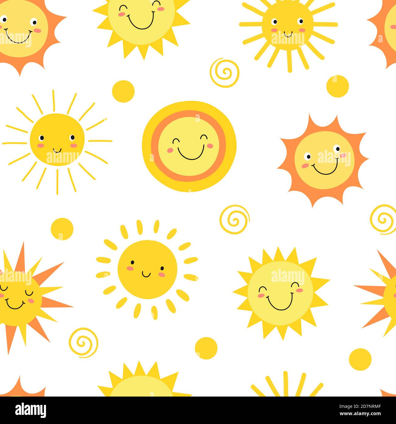 Nahtloses Muster in der Sonne. Sommer heißes Wetter Sonnenschein Hitze lustig. Doodle Sonne Vektor endlose Textur. Illustration von sonnigen und Sonnenschein Hintergrund Stock Vektor