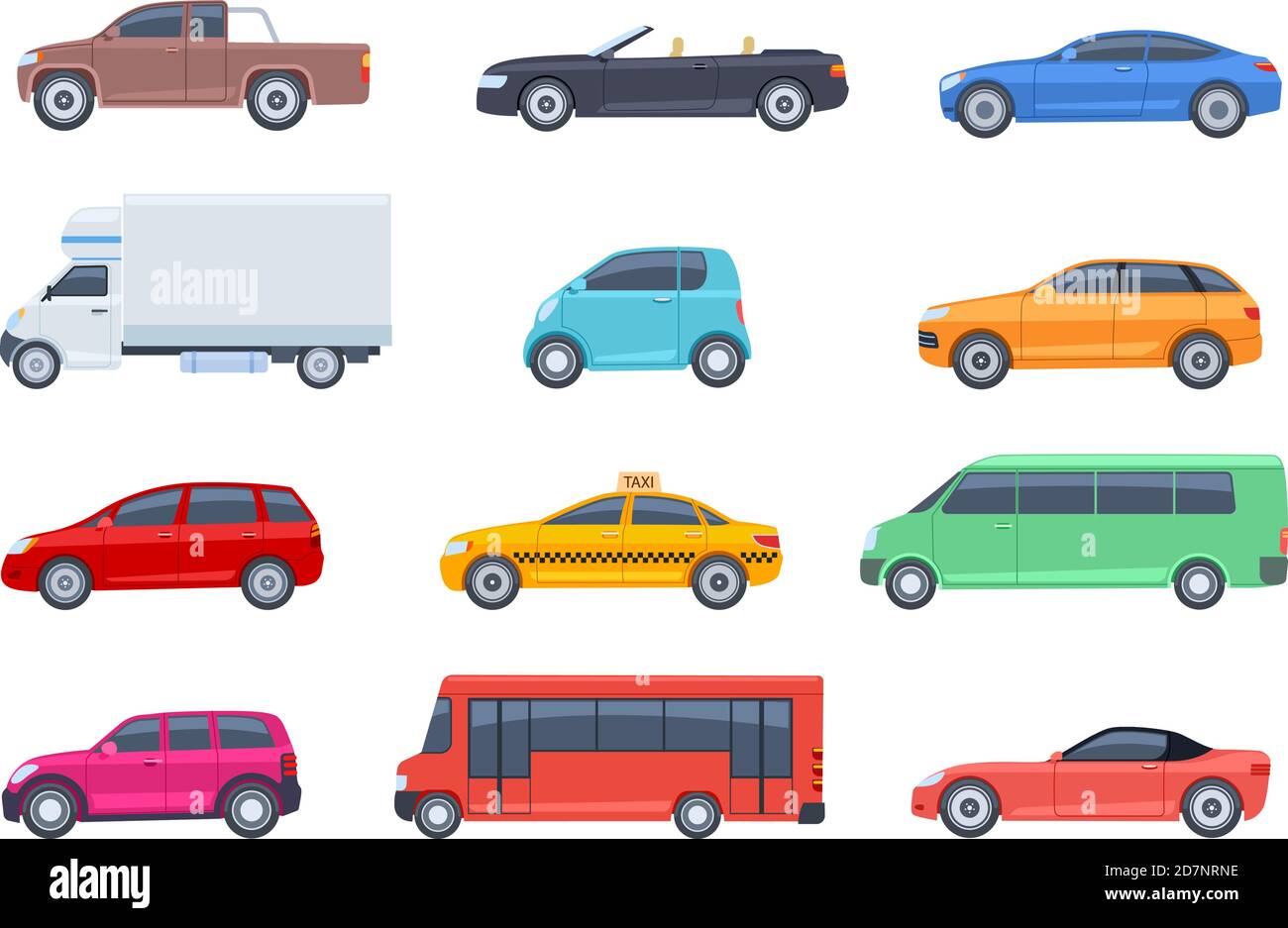 Flacher Satz von Autos. Taxi und Minivan, Cabriolet und Abholung. Bus und suv, LKW. Stadt, Stadt Autos und Fahrzeuge Transport Vektor flache Symbole. Cabriolet und LKW, Auto und Bus, Auto Pickup Illustration Stock Vektor
