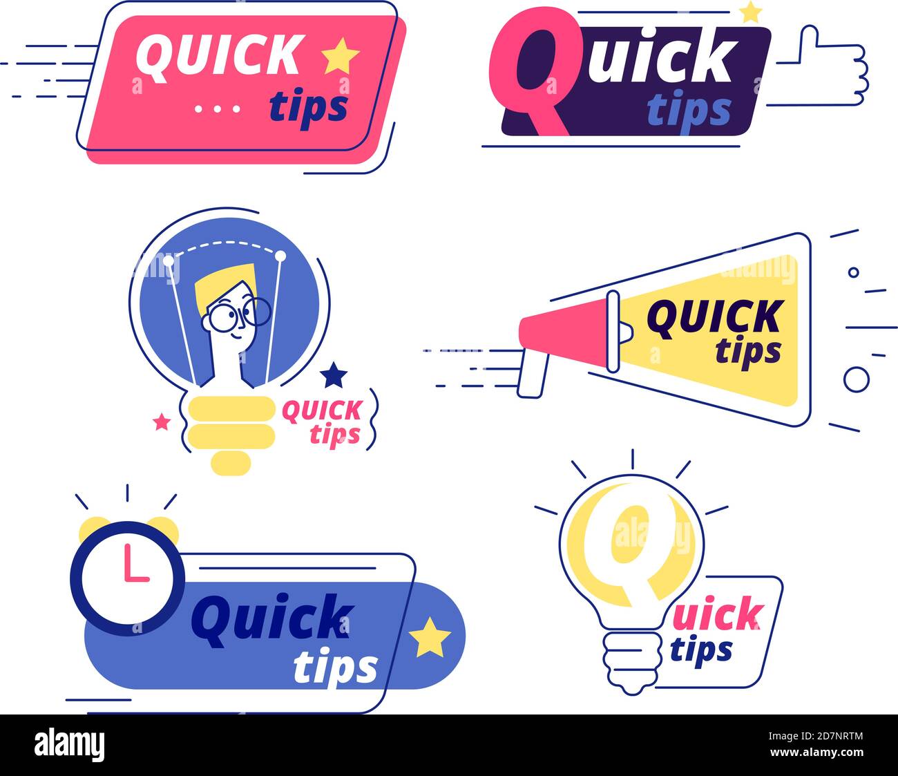 Schnelltipp. Tricks Quick tips Lösung Logos Hilfreiche Ratschläge Text formt isolierte Vektoretiketten. Illustration von schnellen Informationen, Anregungen und Reminde Tipps Stock Vektor