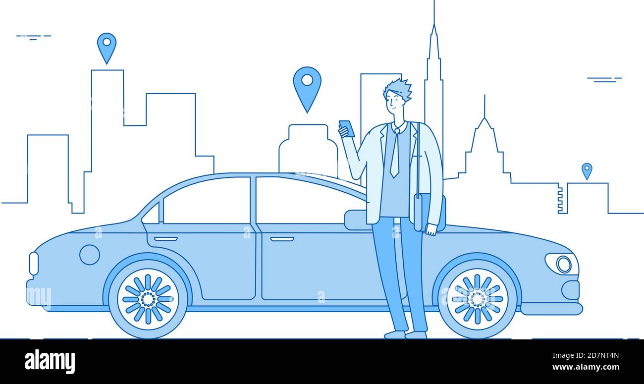 Car-Sharing-Konzept. Autovermietung Anwendung Geschäftsmann mit Smartphone am Auto auf der Straße der Stadt. Parken Service Linie Vektor-Konzept. Illustration der Autovermietung App, Service online Carsharing Stock Vektor
