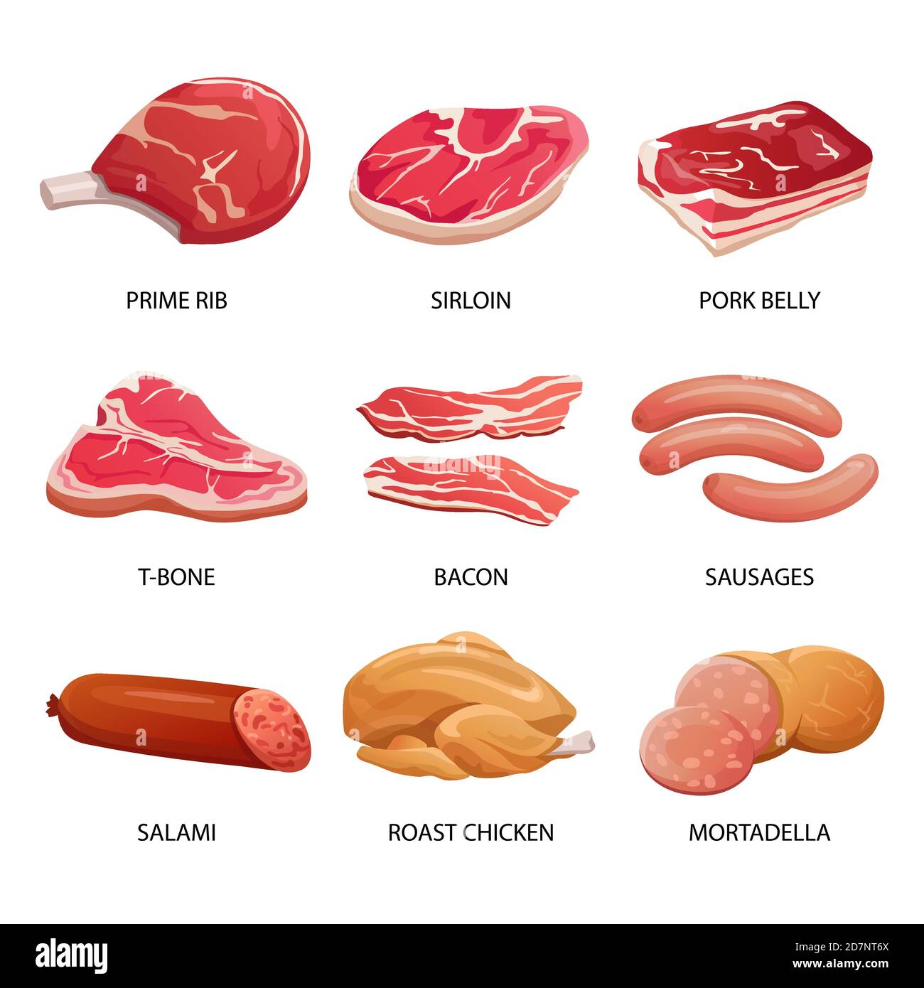 Arten von Fleisch und Fleischwaren Vektorgrafik. Fleischgerichte, Wurst und Rindfleisch, Schweinesteak und Lendenbraten Stock Vektor