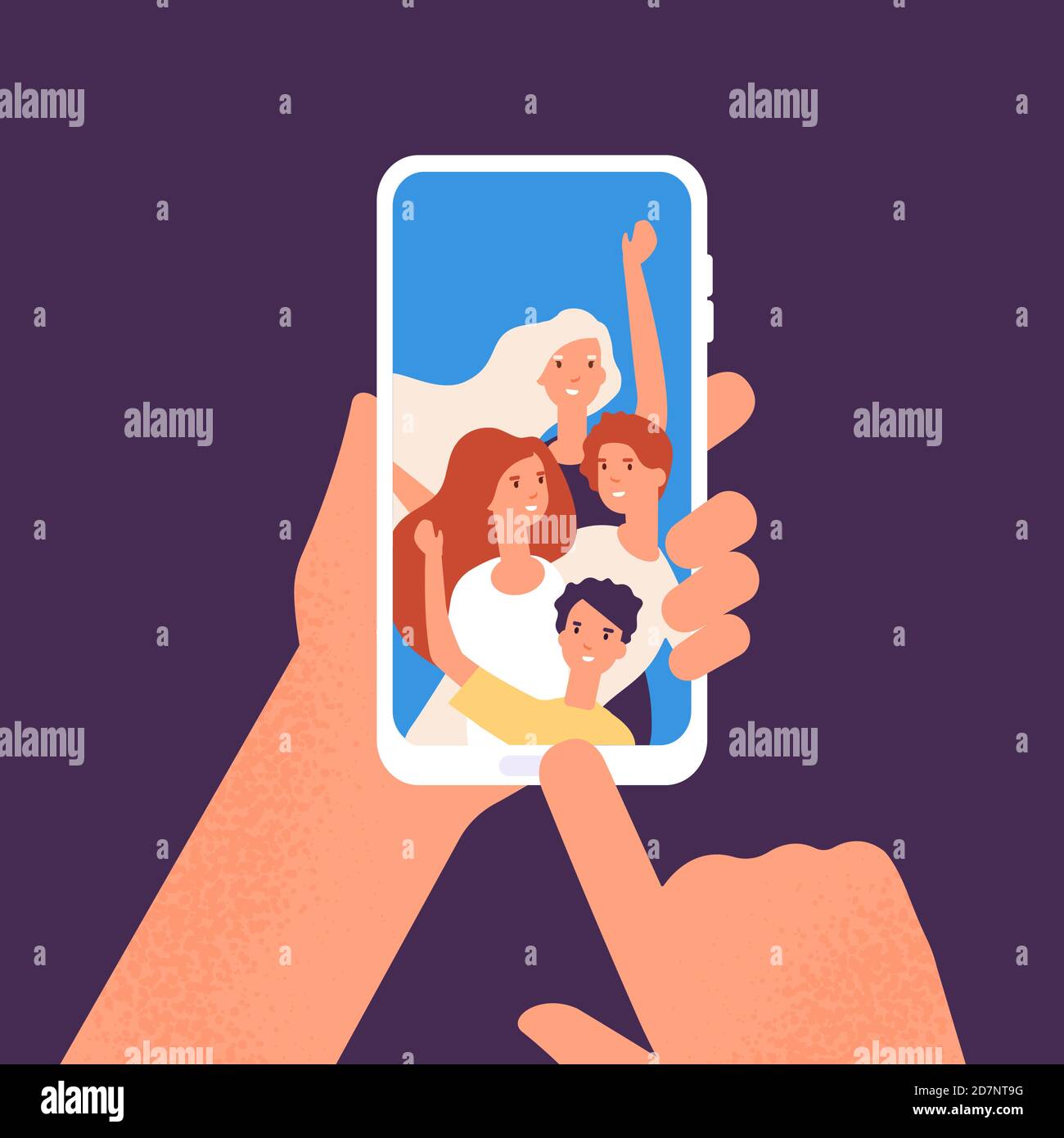 Telefon mit Freunden Foto. Hände halten Smartphone mit glücklich lächelnden Menschen Porträts zusammen. Unter Freund Selfie Vektor Illustration Konzept Stock Vektor