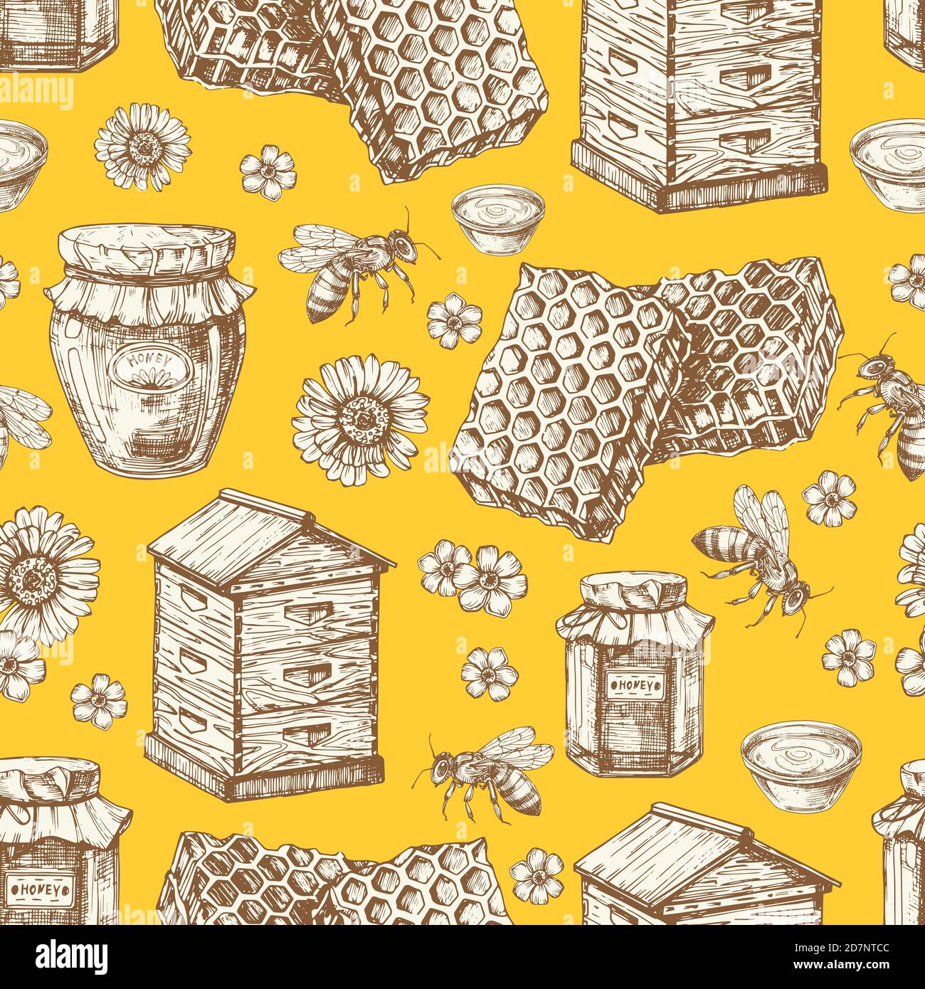 Handgezeichnetes, nahtloses Honigmuster mit Gläsern, Bienen, Blumen und Bienenstock. Illustration von Biene und süßem Honig, natürliches Bienenwachs Stock Vektor
