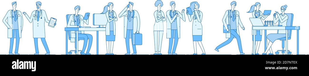 Arztzeichen. Ärzte sprechen Sitzung arbeiten auf Computer-Laptop. Medizinisches Krankenhaus. Medizinische Ausbildung Linie Vektor-Konzept. Medizinische Charakter Arzt und Arzt Illustration Stock Vektor