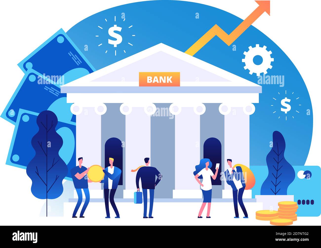 Bankgebäude. Symbole für das Wachstum des Vermögens von Bankanlagen. Bank Fassade mit Geschäftsmann Vektor Cartoon Business-Konzept. Fassadenbank, Investmentgeschäft, Architekturgebäude Illustration Stock Vektor