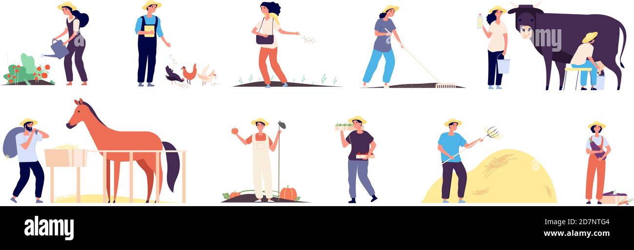 Farmer-Figuren. Menschen Landarbeiter mit Nutztieren Kuh Hühner und Pferd. Bauern Pflanzen Gemüse an. Vektorgrafik Stock Vektor