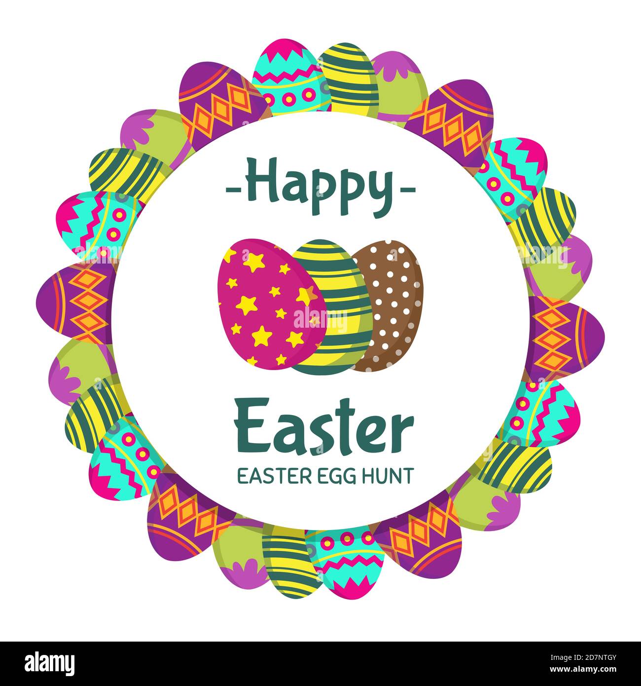 Frohe Ostern runde Banner mit Färbung Eier Vektor-Design. Feiertag osterbanner, Gruß und Einladung zur Eiersuche Illustration Stock Vektor