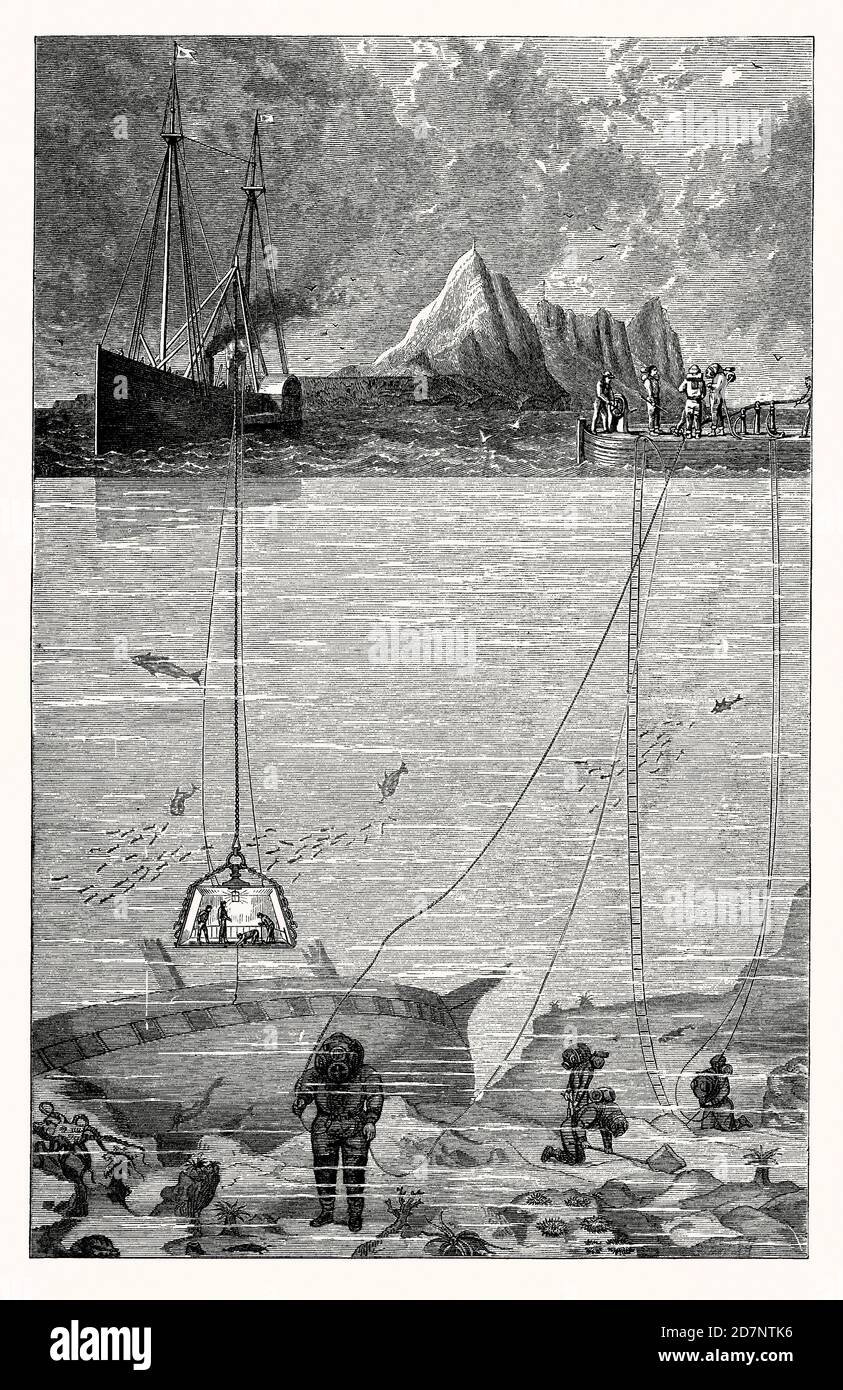 Eine alte Gravur, die verschiedene Methoden der Unterwasserforschung um 1880 zeigt. Es ist aus einem viktorianischen Maschinenbaubuch der 1880er Jahre. Die Abbildung zeigt verschiedene Geräte, die verwendet werden, darunter eine Tauchglocke (links) und Tauchanzüge und frühe Aqualungs. Die Insassen der gezeigten Anzüge werden durch Pumpen von einem Boot über eine Pipeline oder durch Tragen eines in sich geschlossenen Luftfasses oder Zylinders mit Luft versorgt. Die abgebildete Ansicht ist vor der Küste von Gibraltar. Stockfoto