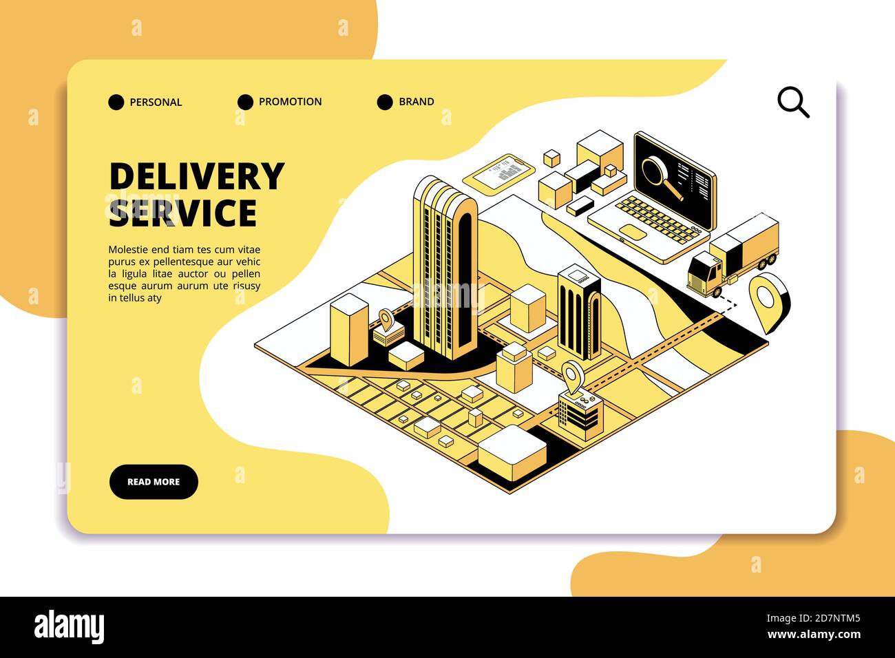 Isometrisches Konzept der Lieferung. Logistik und Versand Lager-Service mit LKW, Verpackung und Stadtplan. Landing Page für Vektoranwendungen auf dem Telefon. Lieferspur Express, Versand Export Auftrag Abbildung Stock Vektor