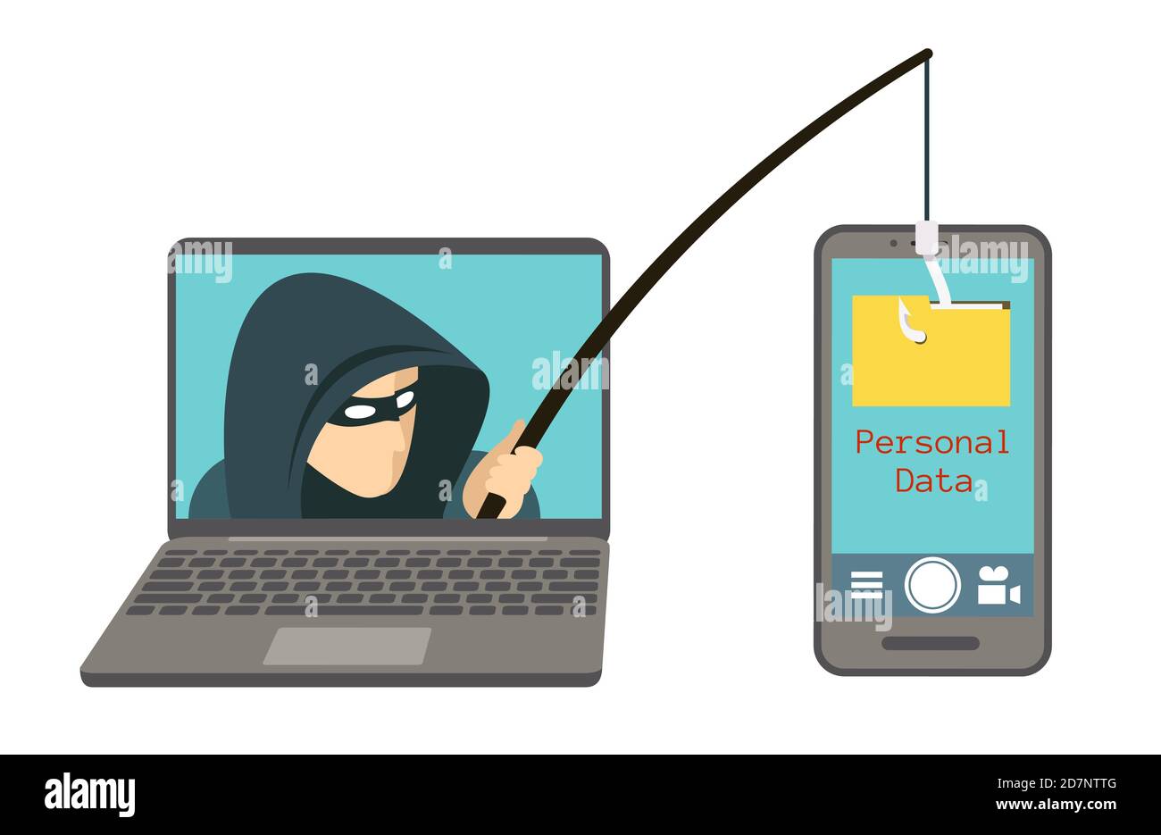 Phishing-Betrug, Hacker-Angriff auf Smartphone Vektor-Illustration. Greifen Sie Hacker auf Daten-, Phishing- und Hacking-Verbrechen an Stock Vektor