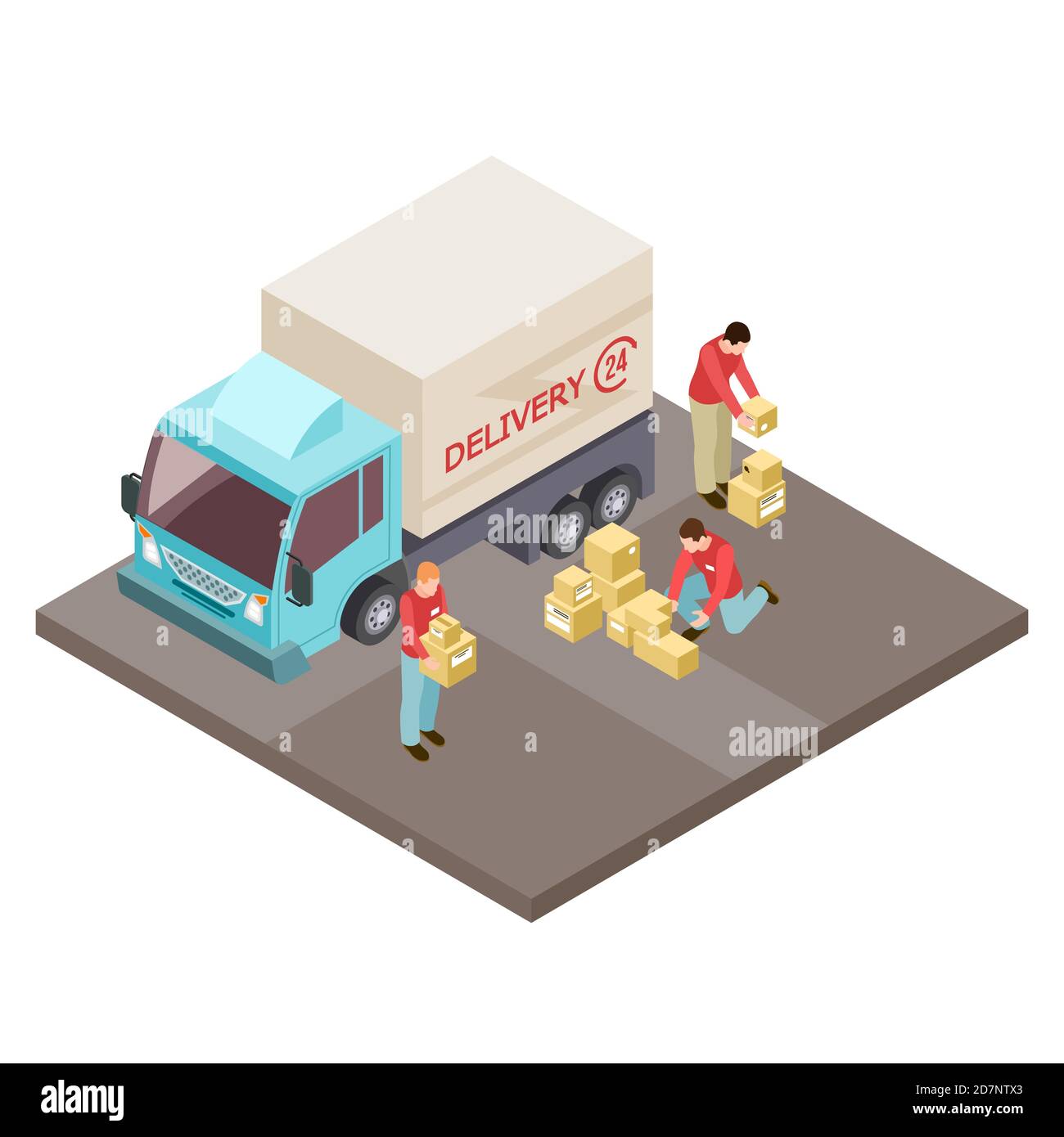 Rund um die Uhr Lieferservice und Movers isometrisches Vektor-Konzept. Lieferdienst, LKW-Transport und Lader Abbildung Stock Vektor