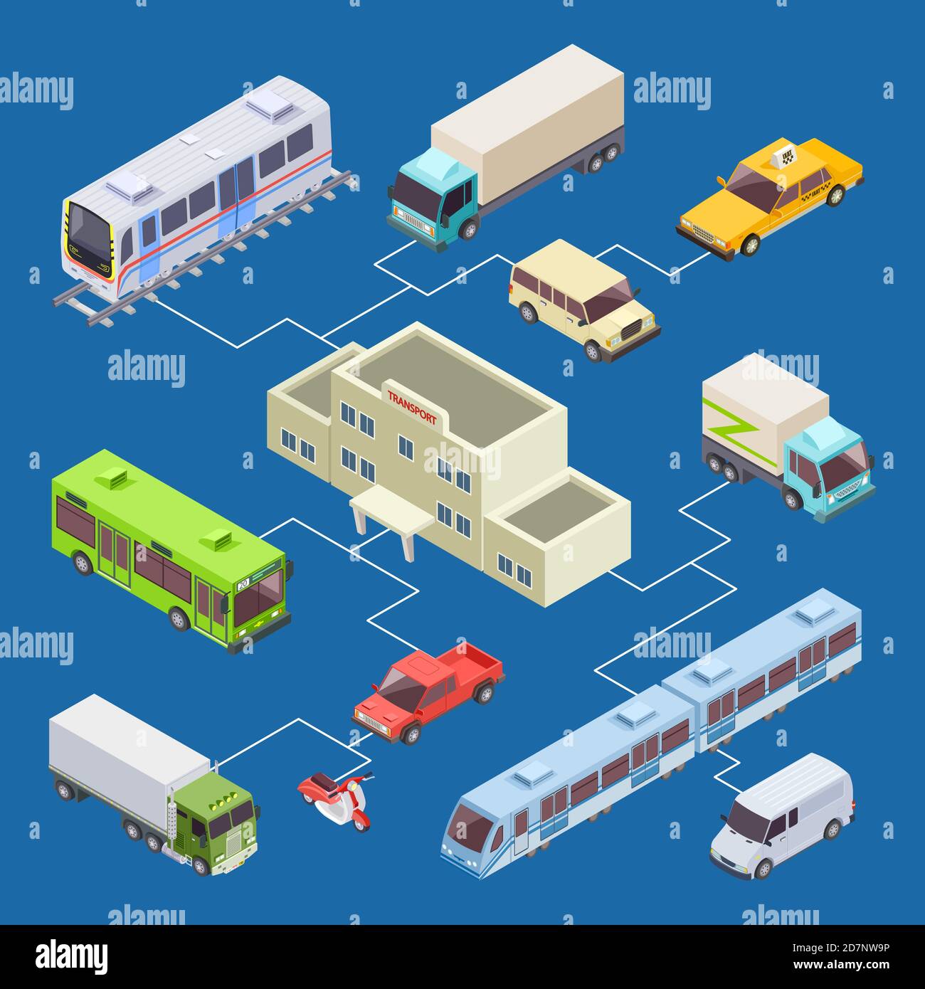 Stadtverkehr des Satzvektors 3d isometrisches Konzept. Satz von Transport Stadt, Auto und LKW-Illustration Stock Vektor