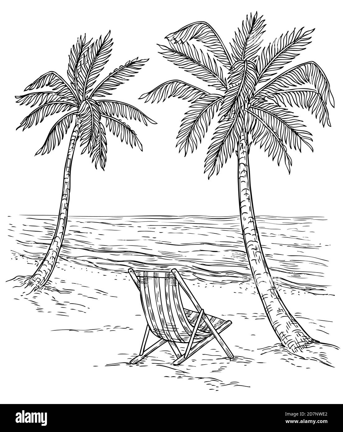 Skizzieren Sie die Palmenlandschaft. Tropischer Palmenstrand, exotische Bäume und Meereswellen. Vintage Hand Zeichnung Vektor entspannend Sommer Hintergrund. Sommer exotische tropischen Strand, Landschaft Meer und Palmen Illustration Stock Vektor