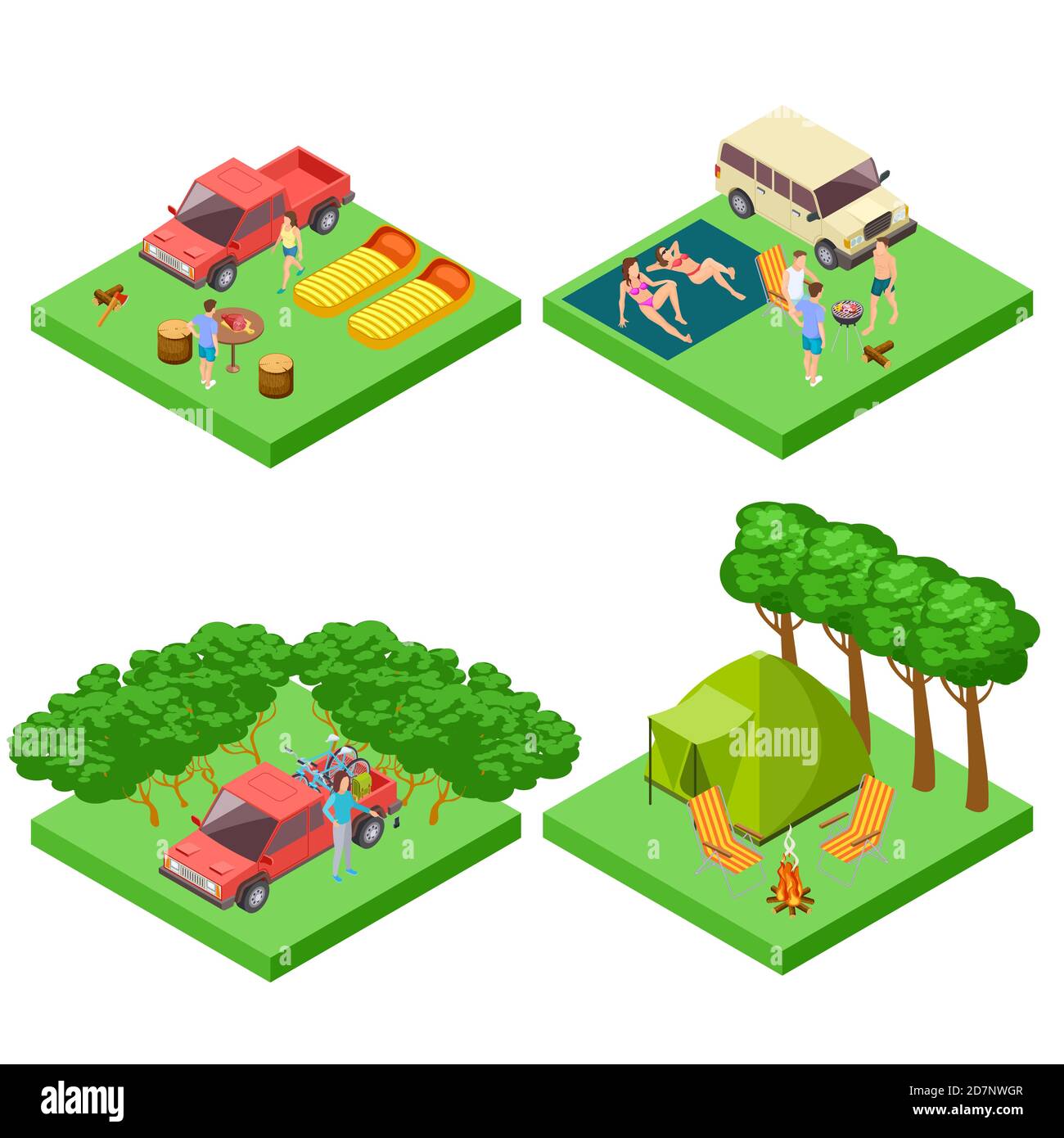 Vektor isometrische 3d Camping Lage des Satzes. Campingplatz für Camping, Picknick mit grill und Sonnenbaden Illustration Stock Vektor