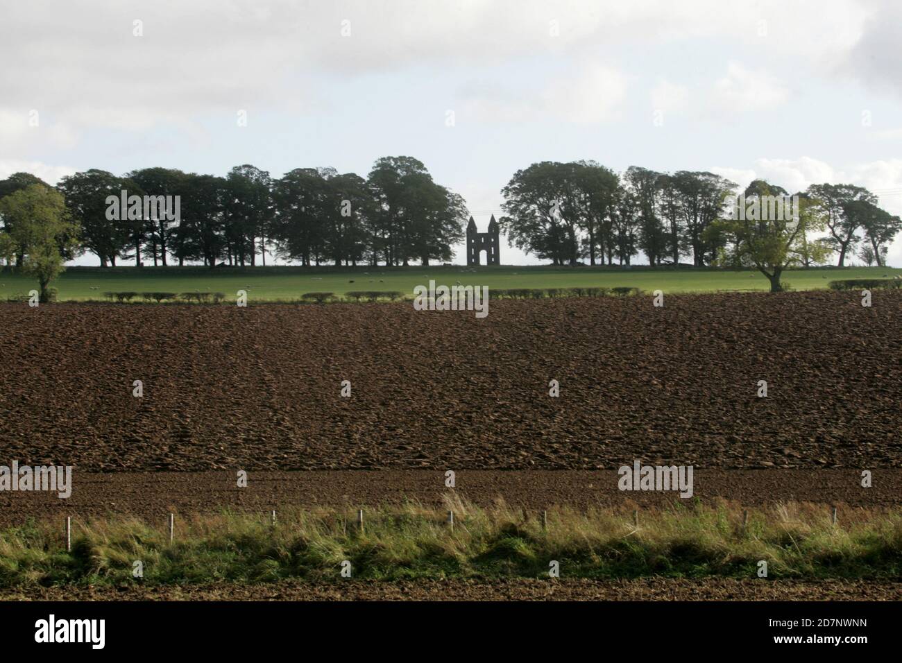 Grenzt an den Hunty Mundy im Mellerstain House bei Kelso. Hundy Mundy Tower, Tower in Melrose, Schottland, Großbritannien. Eine Torheit, die nach einer Prinzessin benannt wurde, die Körper in einer natürlichen Waldbestattung überblickt.Eine gotische Torheit, die zur Vervollständigung der entworfenen aussicht, die sich südöstlich von Mellerstain in den schottischen Grenzen erstreckt, gebaut wurde, befindet sich Hundy Mundy in einer spektakulären Lage, eine Meile (1,5 km) nordöstlich von Smailholm und 5 Meilen (8 km) Nordwestlich von Kelso. Es wurde 1726 begonnen und besteht aus einem hohen Torbogen zwischen quadratischen Türmen, die von Pyramiden bedeckt sind, und war das Werk von William Adam (1689 - 1748), der der Architekt gewesen war Stockfoto