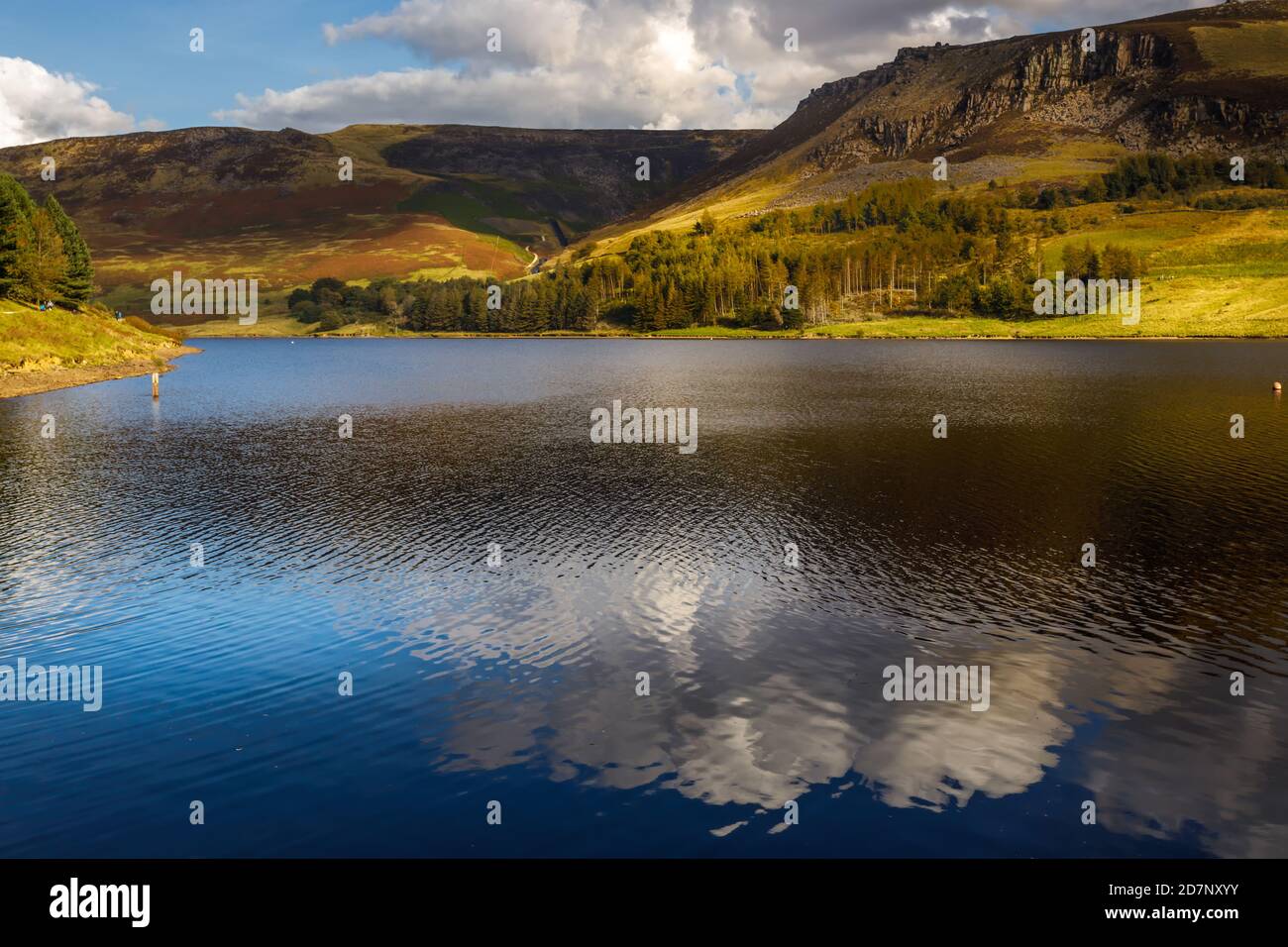 Dovestone Reservoir, Greenfield Saddleworth an einem klaren sonnigen Tag mit Hügeln, schönen Reflexionen und Wolkenmustern am Hang. Dunkle Spitze. Stockfoto
