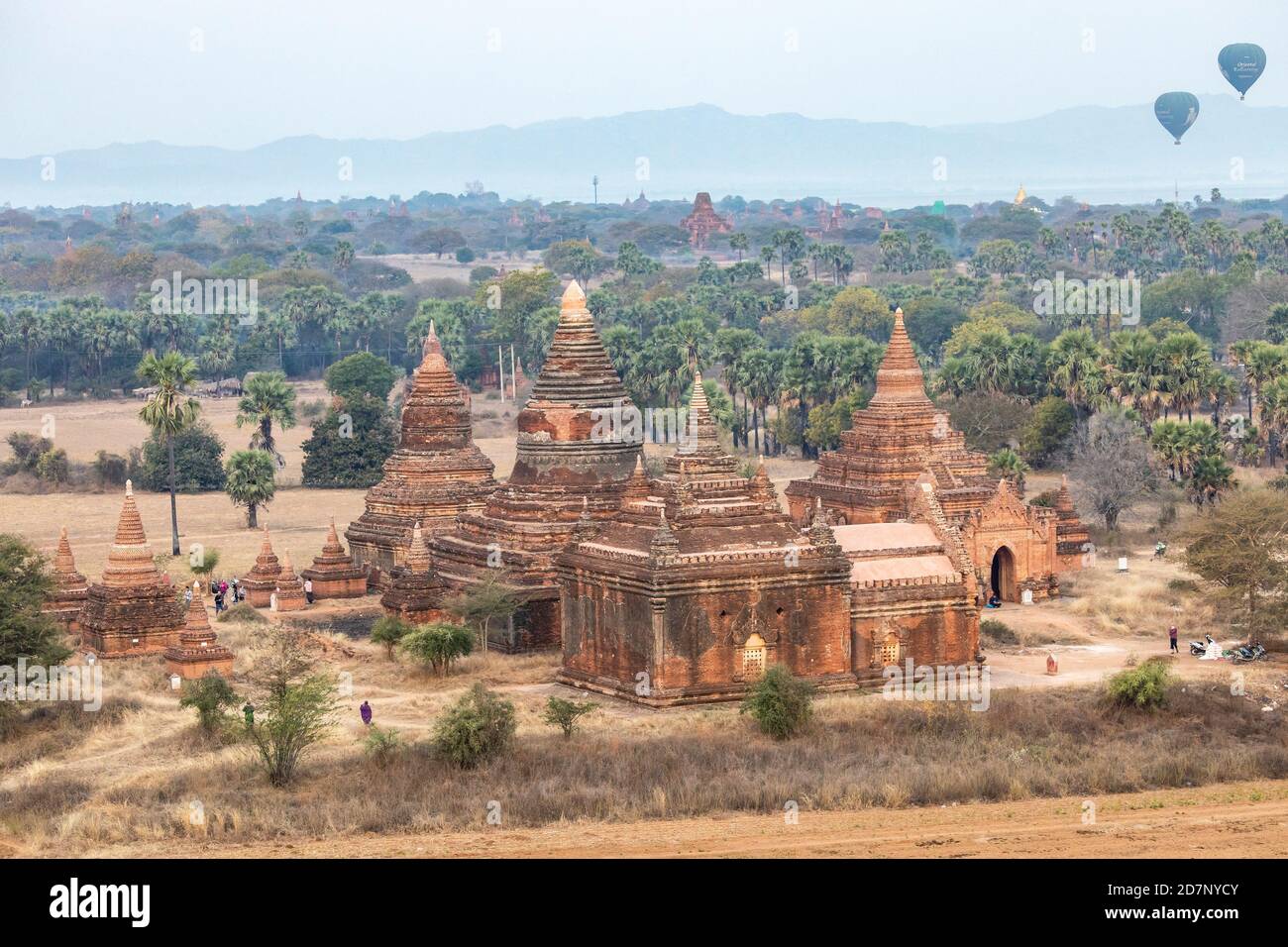 Tempelfeld von Bagan bei Sonnenaufgang, Myanmar Stockfoto