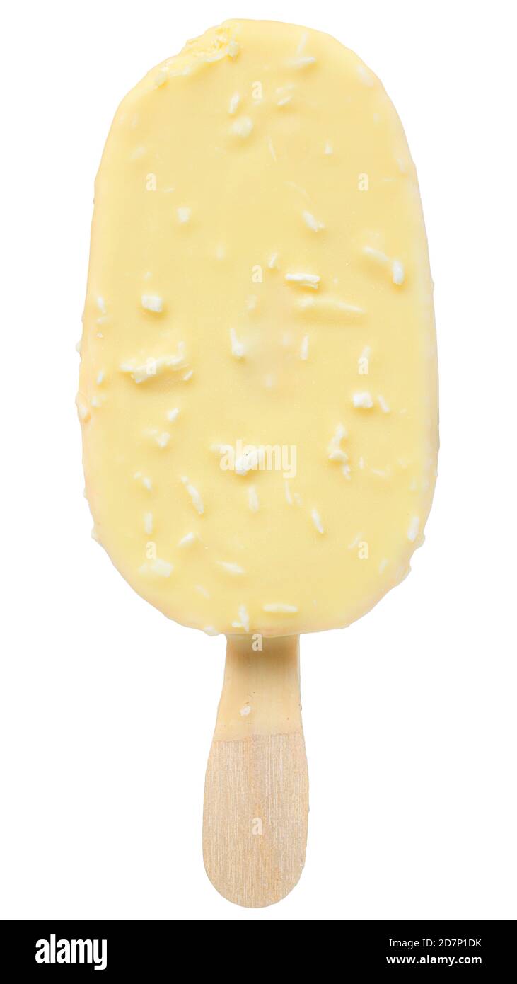 Eis auf einem Stock mit weißer Schokolade isoliert bedeckt Stockfoto