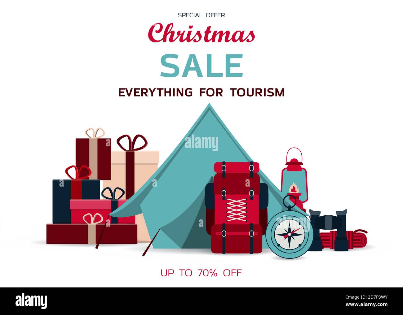 Großer Weihnachtsverkauf von Waren für den Tourismus. Flache Illustration mit Text, Camping Zelt, Rucksack und Artikel für Bergsteigen, Tourismus und Sport. Banner für Werbung in einem Geschäft, Hypermarkt, Website, App. Bild für einen Flyer oder eine Broschüre. Bieten Sie Rabatte auf Black Friday und Neujahr Verkauf. Stock Vektor