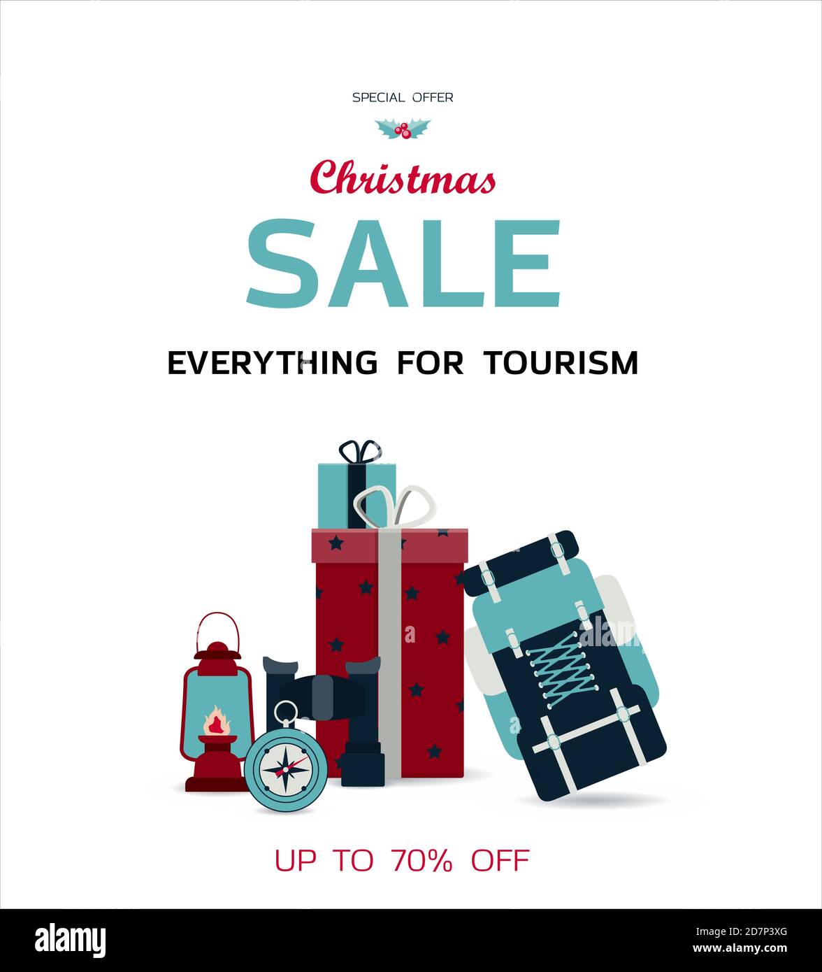 Großer Weihnachtsverkauf von Waren für den Tourismus. Flache Illustration mit Text, Camping Zelt, Rucksack und Artikel für Bergsteigen, Tourismus und Sport. Banner für Werbung in einem Geschäft, Hypermarkt, Website, App. Bild für einen Flyer oder eine Broschüre. Bieten Sie Rabatte auf Black Friday und Neujahr Verkauf. Stock Vektor