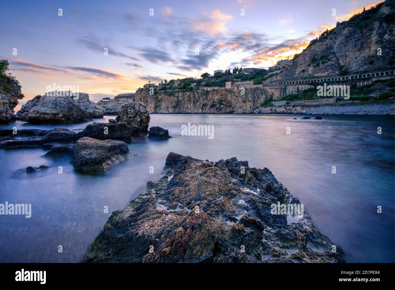 Blick von der Insel Isola Bella, Taormina, Sizilien, Italien. Stockfoto