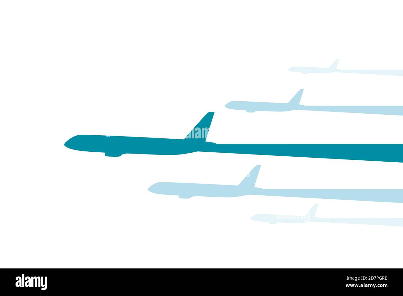 Draufsicht auf fliegende blaue Silhouetten große weiße Passagierflugzeuge Flache Vektorgrafik Stock Vektor