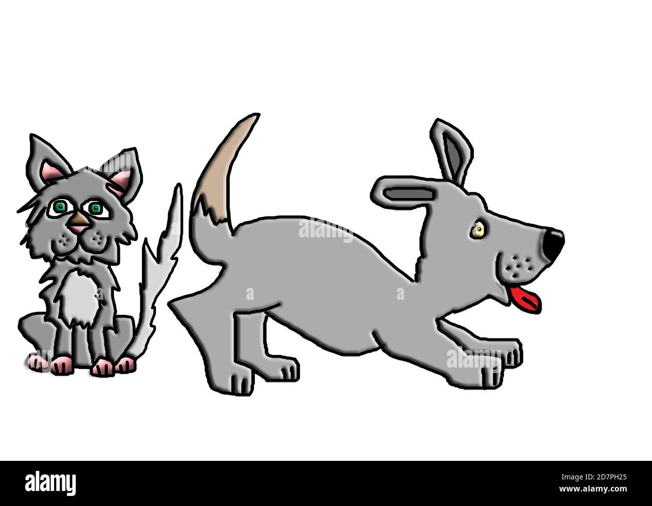 Cartoon Illustration eine Katze und ein Hund mit digitalen Effekten Kunstwerk im Querformat Katze sitzend Hund mit Puunce Pose wedelnden Schwanz und Zunge heraus Stockfoto