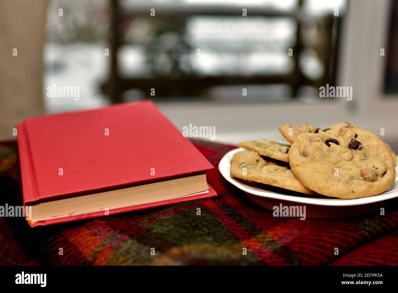 Frische warme hausgemachte Kekse zum Entspannen und genießen mit Tee Und gutes Buch an kalten Winternachmittagen zu Hause gesperrt Stockfoto
