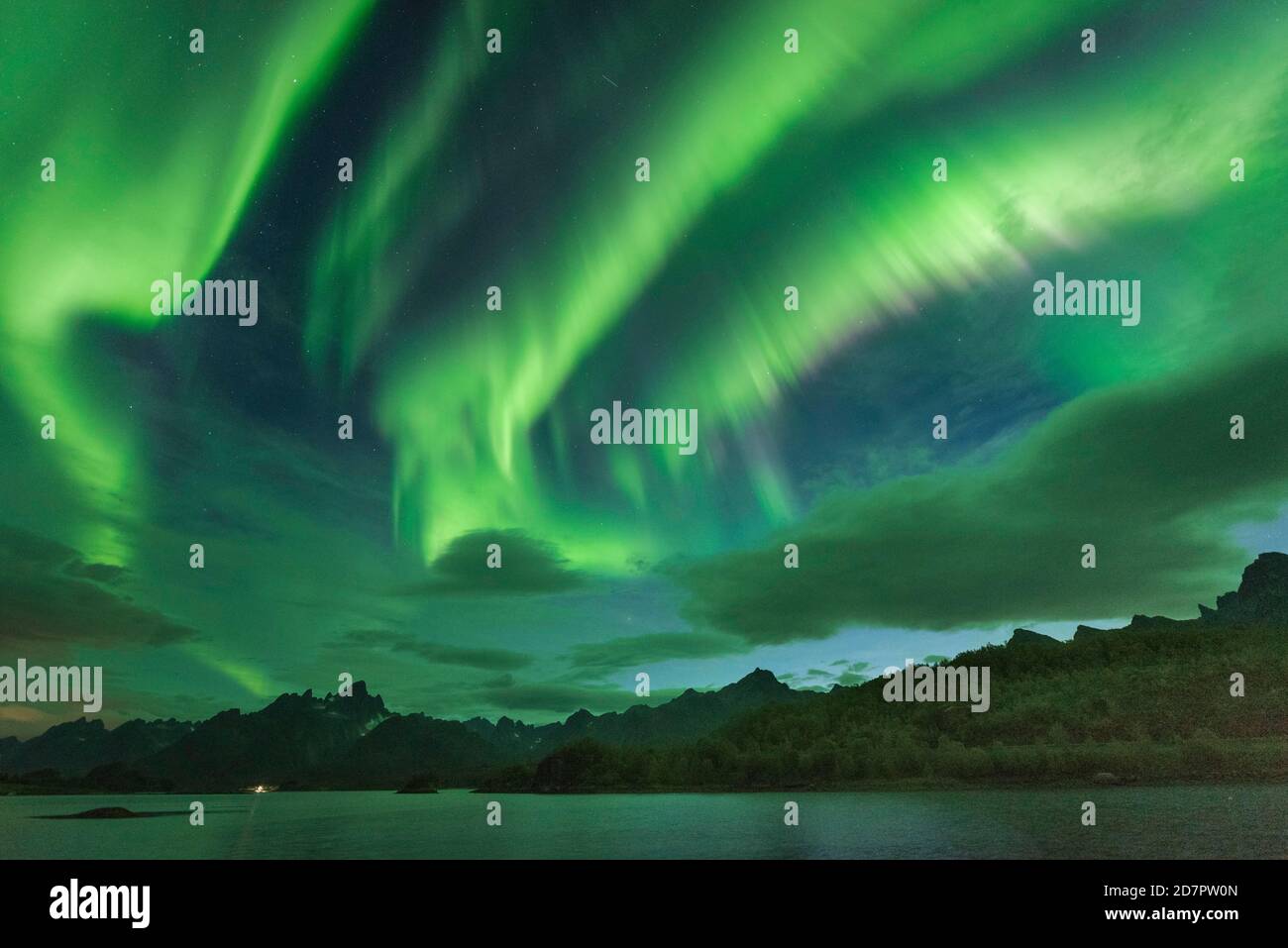 Nordlichter über dem Fjord, dahinter schroffe Gipfel der Bergkette Trolltindan, Digermulen, Nordland, Lofoten, Norwegen Stockfoto